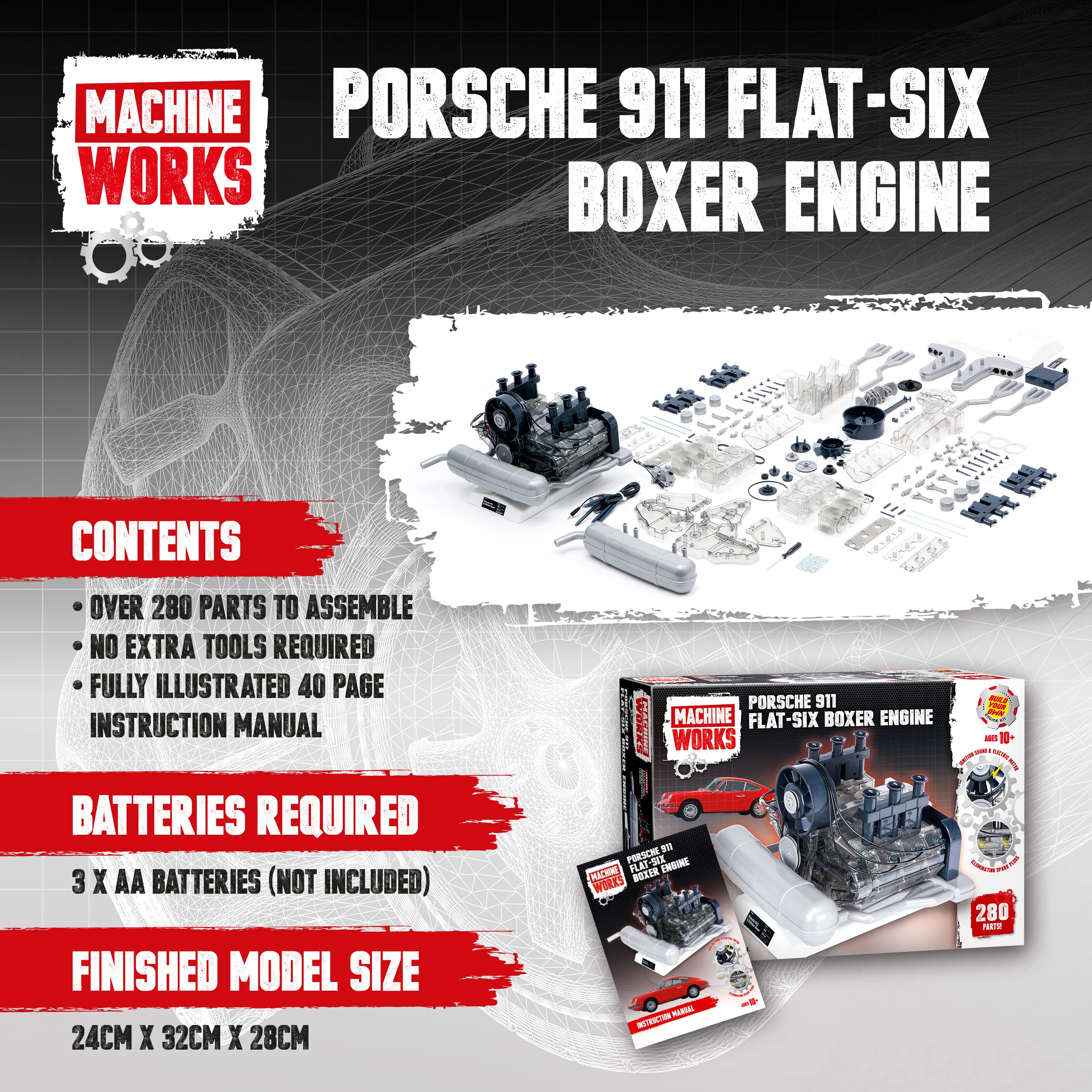 Build Your Own Porsche 911 Boxer Engine Toy - Replica Model Building Kit with Sounds & LED Lights - 280+ Pieces STEM Educational Toy for Ages 10+ - Perfect for Car Enthusiasts, DIY Projects & Display Collection