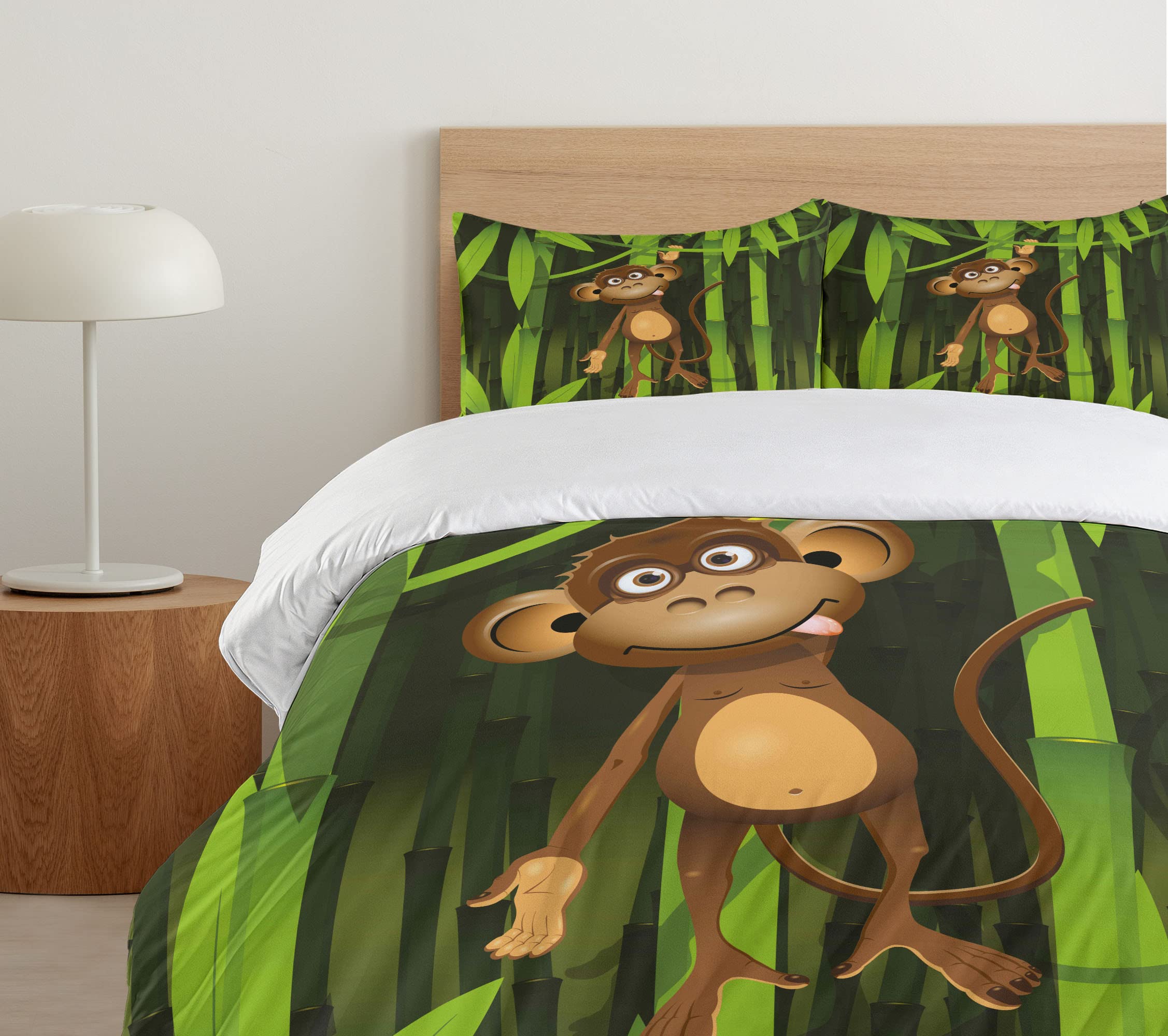 Ambesonne Jungle Duvet Cover Set - Wildlife Theme Monkey Woodland Print 3-Piece Bedding Set with 2 Pillow Shams, Queen Size, Brown & Fern Green - Perfect for Nature-Themed Bedrooms, Kids Rooms & Jungle Decor