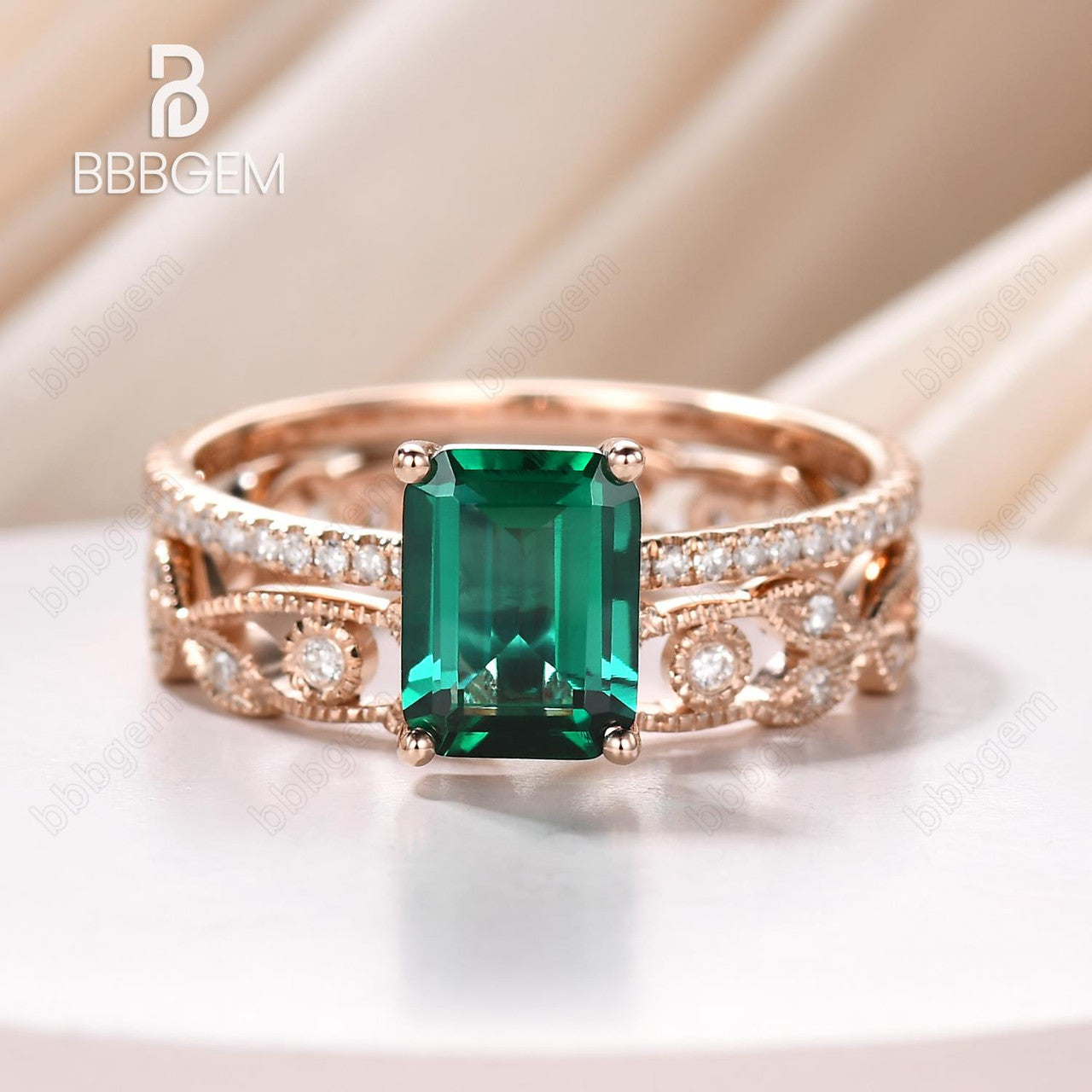 1.4 Carat Emerald Cut Emerald & Diamond Wedding Ring Set in 14k White Gold, Art Deco Flower Eternity Band – Perfect for Bridal, Engagement & Anniversary Gifts