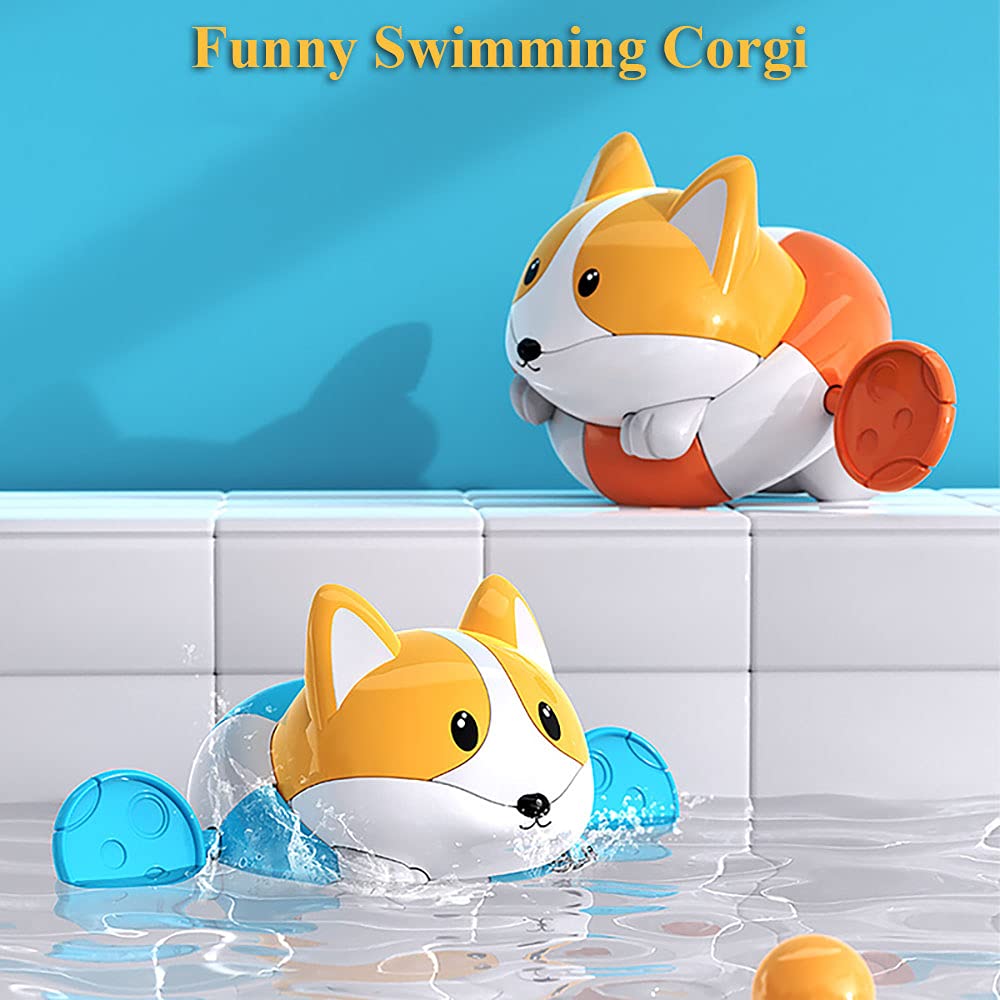 Wind-Up Swimming Corgi Bath Toy - Pull String Floating Puppy Dog Water Toy for Kids | Fun Bathtub & Pool Toy for Boys & Girls (Orange) | Perfect for Toddler Bath Time, Summer Pool Parties & Sensory Play