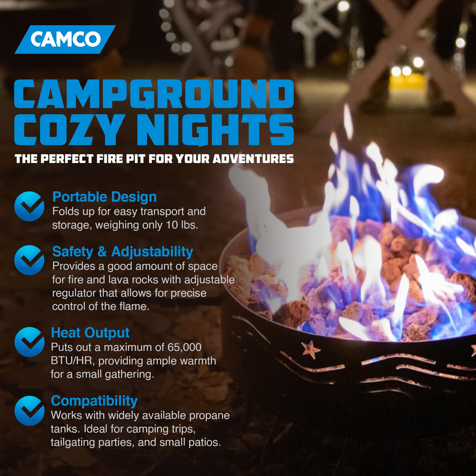 Portable Outdoor Propane Heater - Compact Campfire Pit with Lava Rocks for Camping, Tailgating, Patio & Backyard Use | Black | Camco 58041 | Perfect for Outdoor Gatherings, BBQ Parties & Cold Nights
