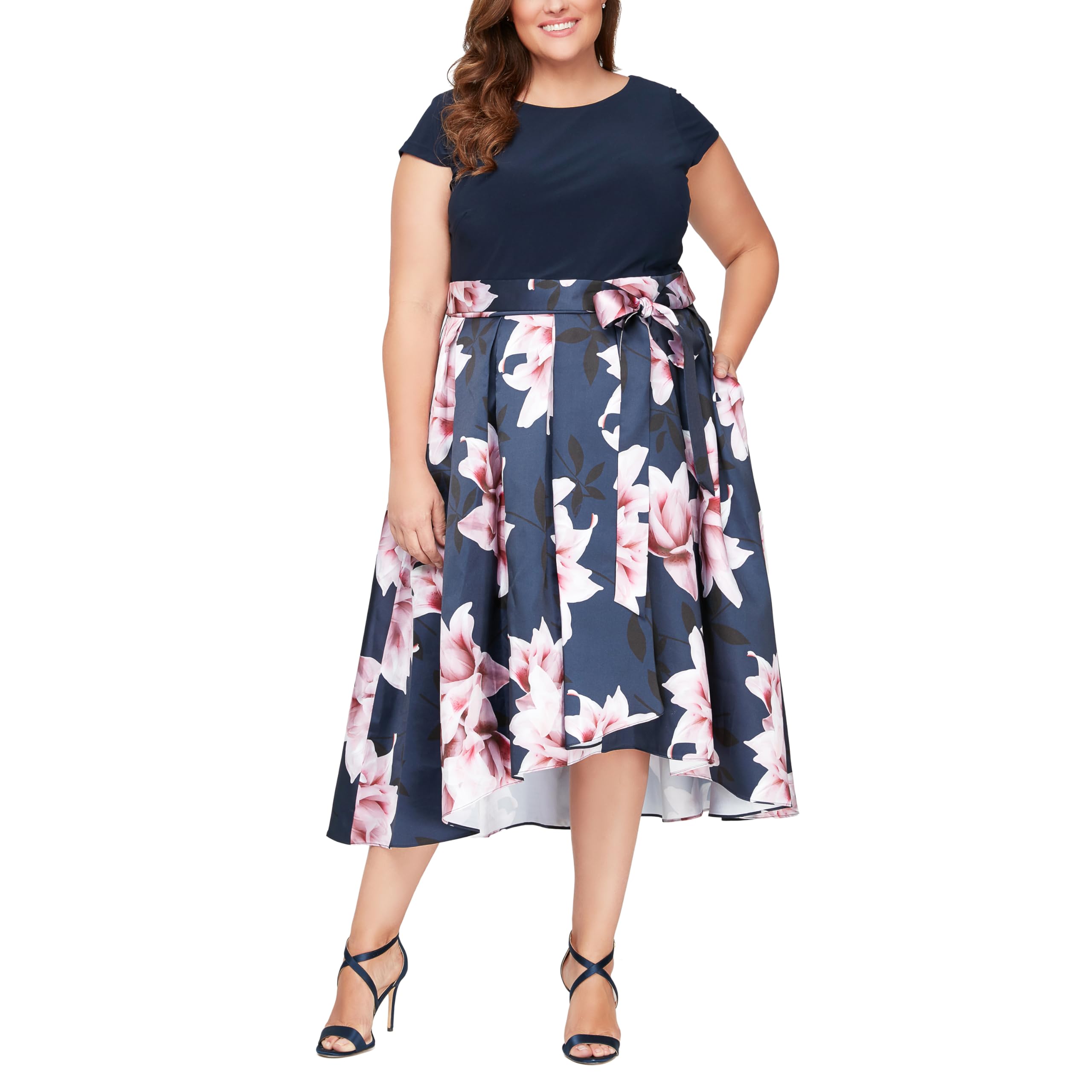 Plus Size Women's Tea Length Tuck Neck Fit & Flare Dress - Elegant Casual & Wedding Guest Dress for Women | Perfect for Office, Party & Special Occasions