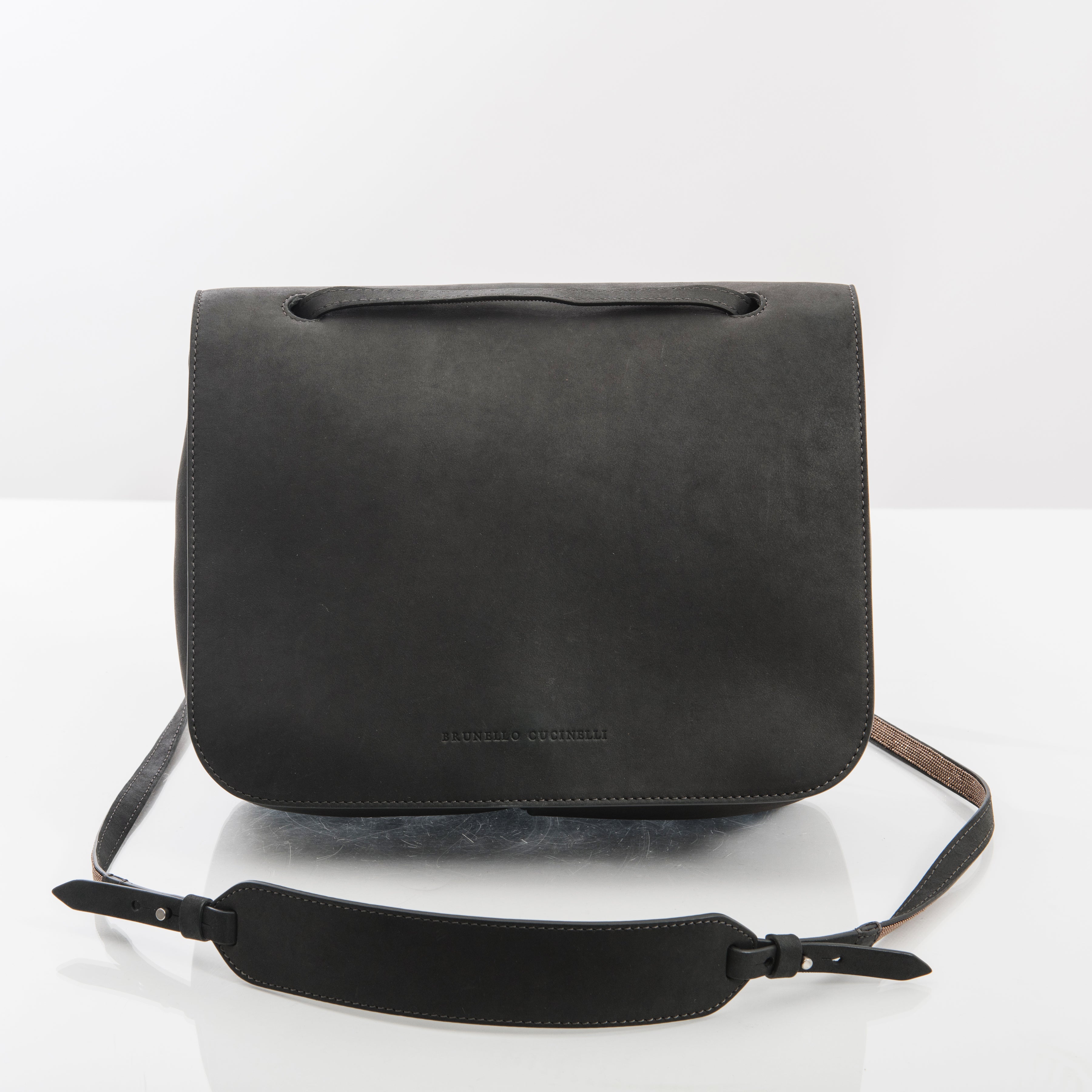 Brunello Cucinelli Genuine Nubuck Leather Messenger Bag for Men - Gray Crossbody Bag with Handcrafted Copper Beaded Strap | Perfect for Work, Travel & Everyday Use