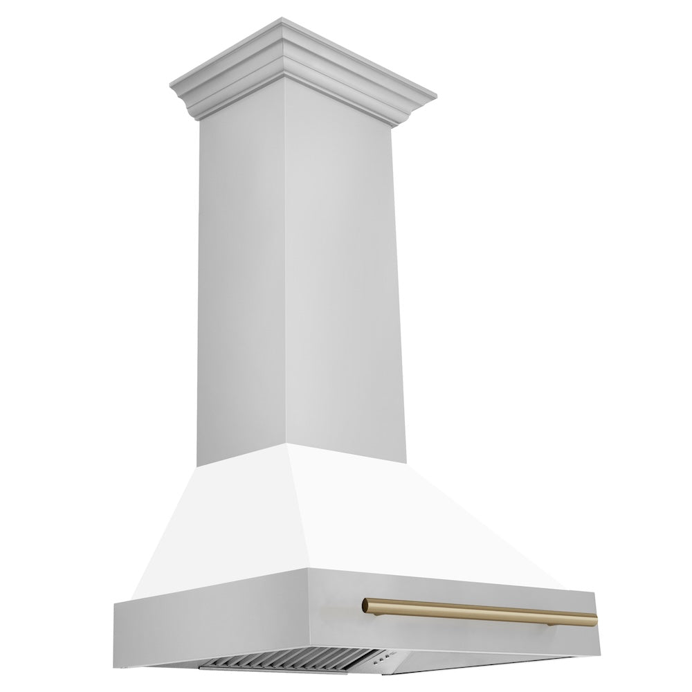 ZLINE Autograph Edition 30-inch Stainless Steel Dual Fuel Range with White Matte Door, Range Hood & Dishwasher - Champagne Bronze Accents (3AKP RAWMRHDWM30 CB) | Premium Kitchen Package for Modern Homes & Gourmet Cooking