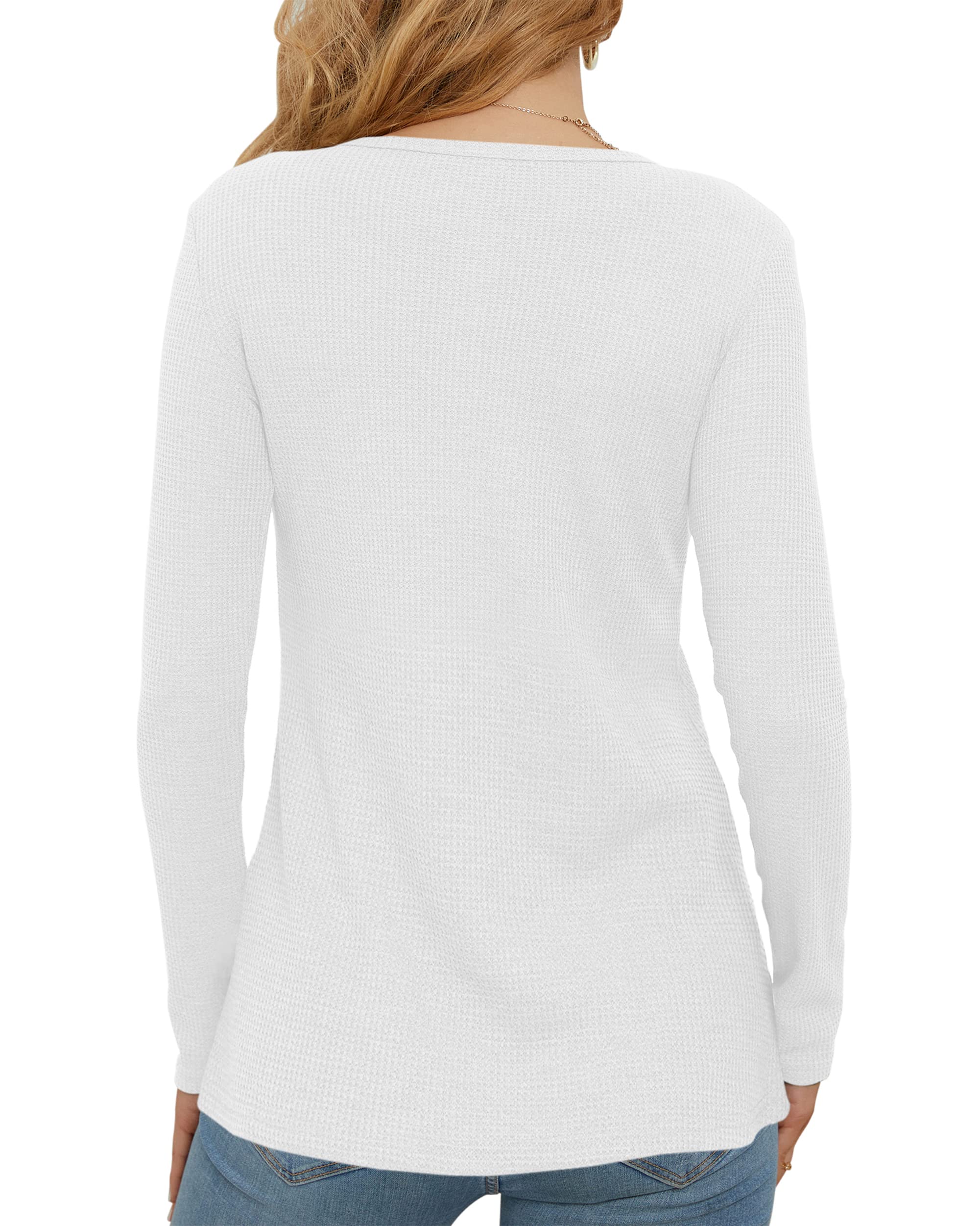 WNEEDU Women's Waffle Knit Long Sleeve Henley Shirt - Slim Fit Button Down V-Neck Casual Blouse for Work, Date Night & Fall Layering