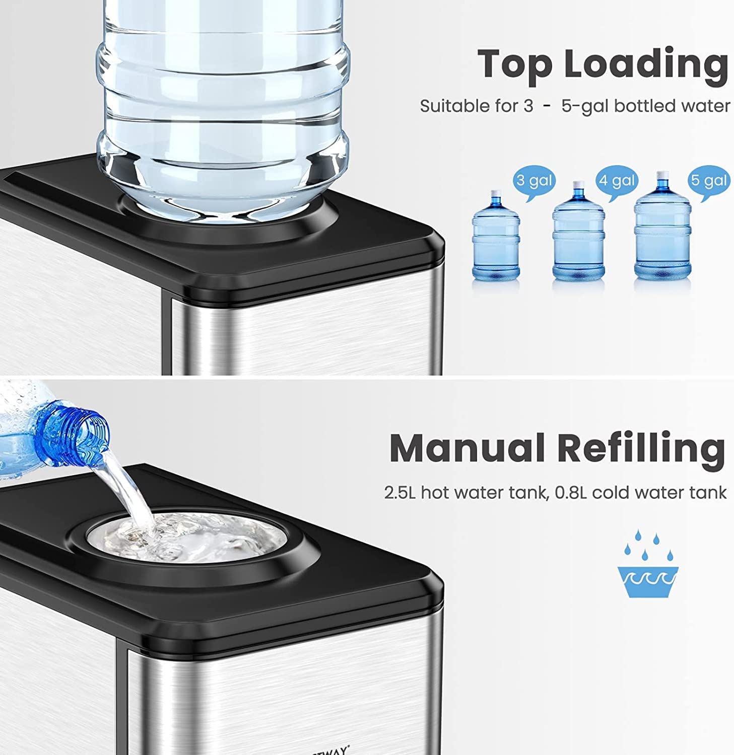 COSTWAY 3-in-1 Countertop Water Dispenser with Ice Maker | 3-5 Gallon Bottle Capacity | Hot & Cold Water Cooler | Safety Lock | 48Lbs/24H Ice Production | 12 Cubes, 4Lbs Storage Basket | Ideal for Home, Office, and Kitchen Use