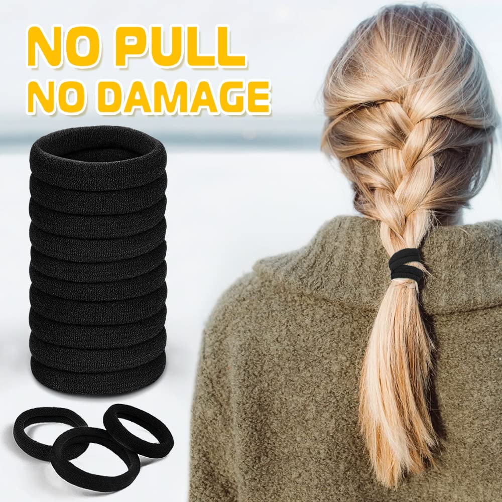 IKOCO 50Pcs Black Cotton Hair Ties - Seamless No Damage Hair Bands for Thick Hair, Soft Ponytail Holders for Women & Men - Perfect for Workouts, Office & Daily Styling