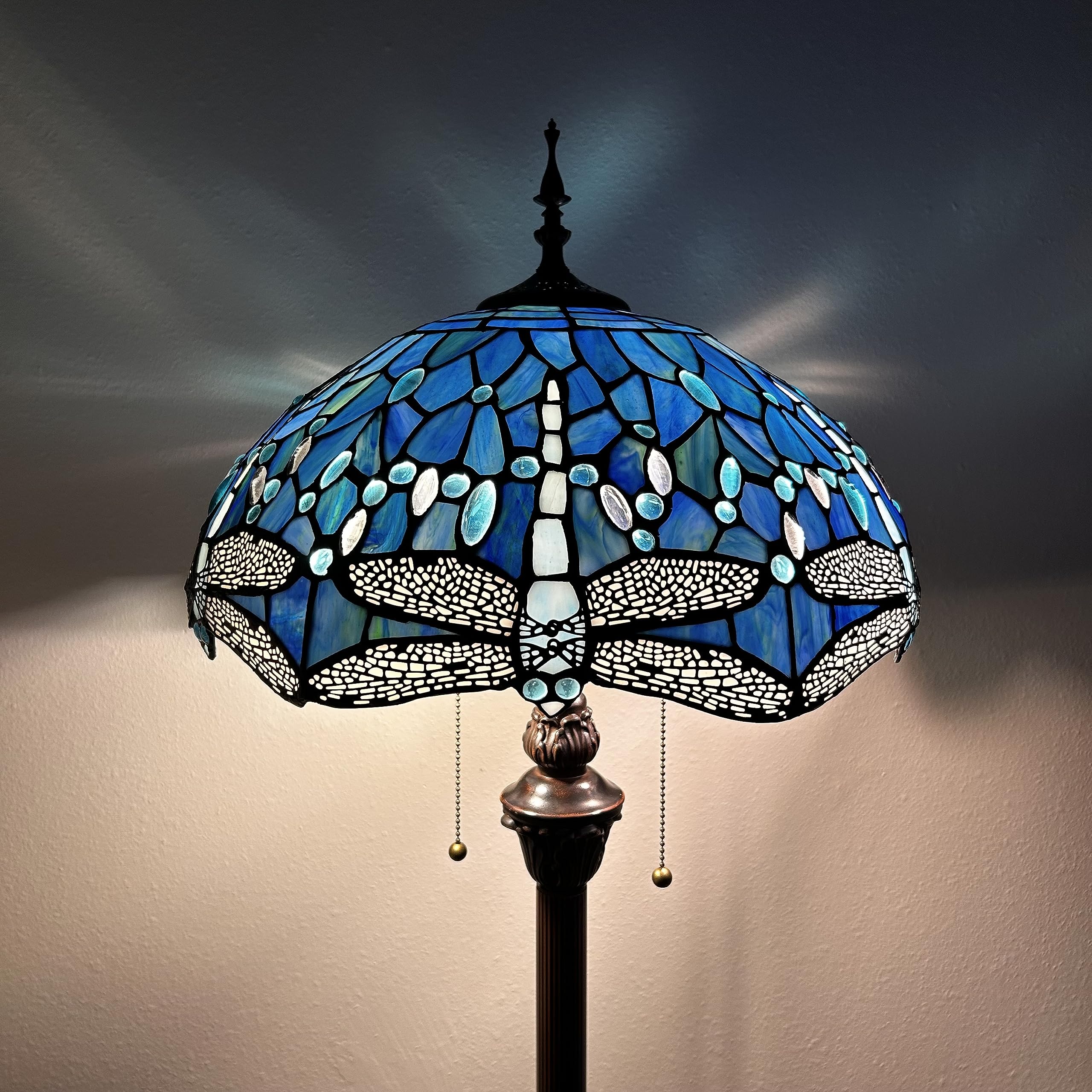 Tiffany Blue Stained Glass Dragonfly Floor Lamp with Metal Base & LED Bulbs - 16