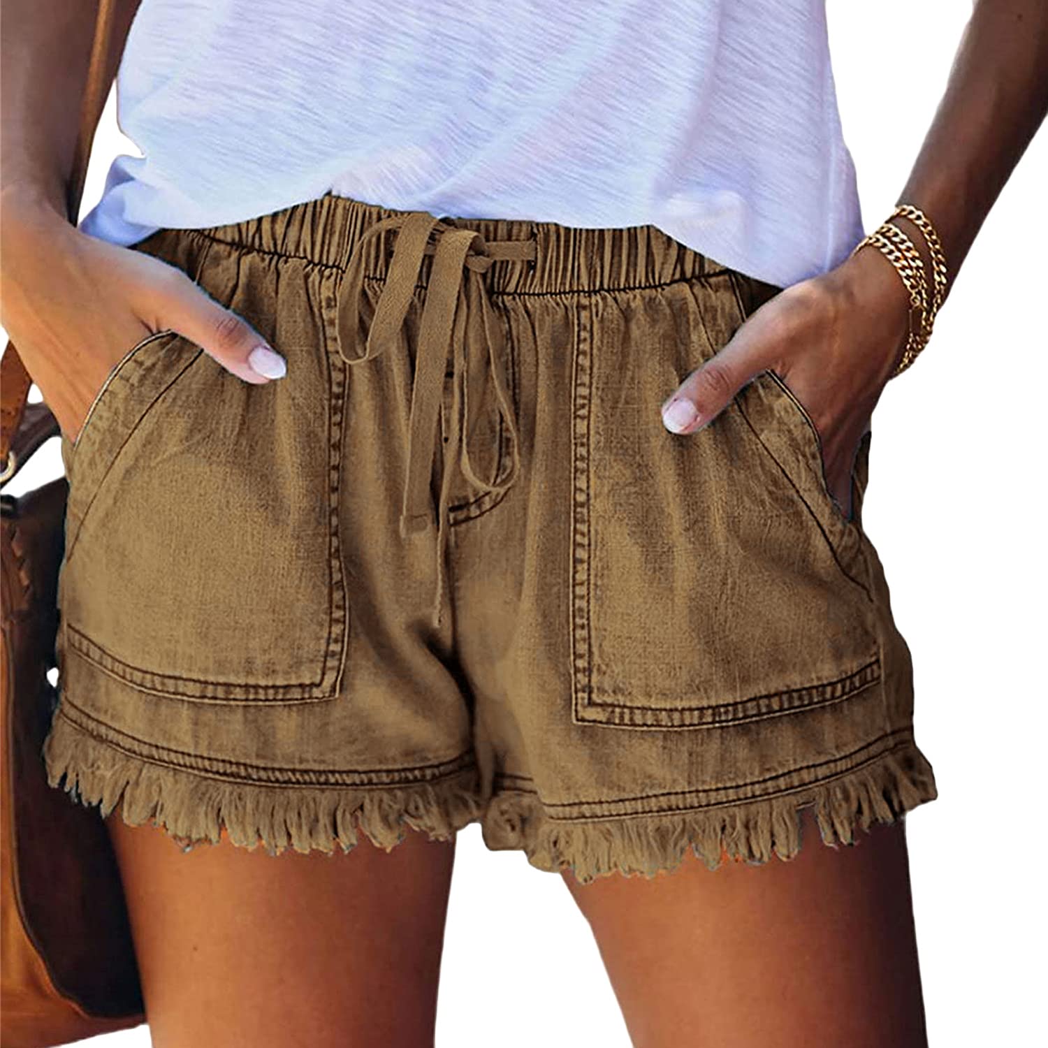 Women's Frayed Hem Denim Shorts with Drawstring & Elastic Waist - Comfortable Washed Jeans for Casual Summer Outfits - Perfect for Beach, Picnics, and Everyday Wear