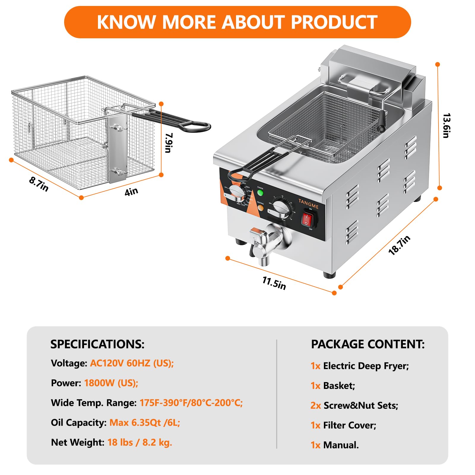 Commercial Deep Fryer with Drain Valve - 12.7Qt Electric Countertop Fryer, Stainless Steel Oil Fryer with Temperature & Time Control - 1800W, 120V - Perfect for Restaurants, Food Trucks & Home Kitchen Use