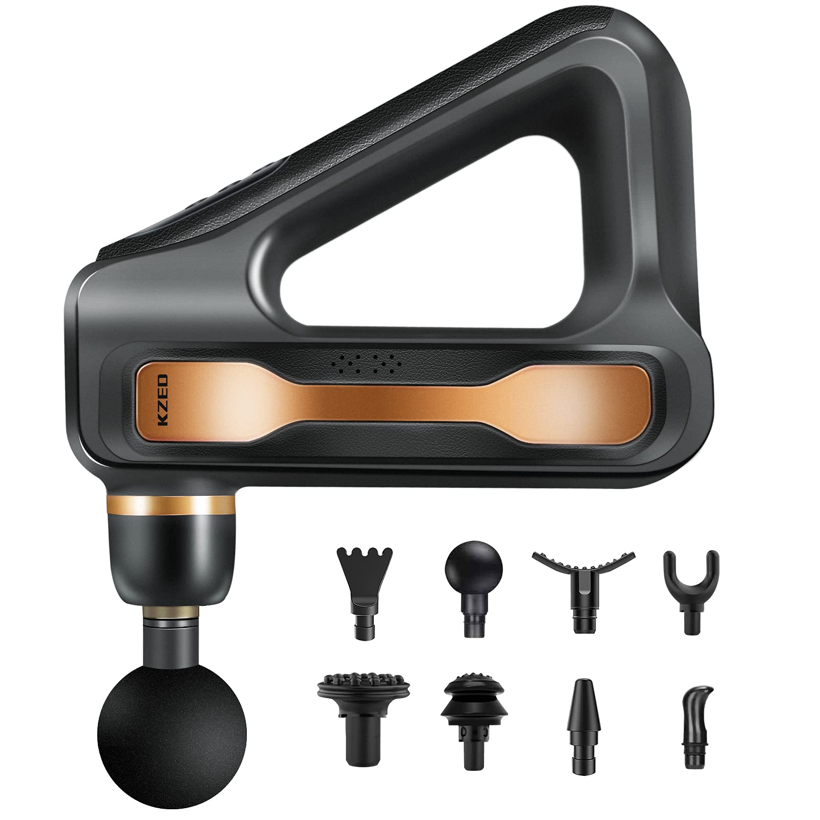 KZED Deep Tissue Massage Gun - 32 Speed Percussion Massager with 8 Interchangeable Heads, Quiet Handheld Muscle Massager for Back Pain Relief, Long Battery Life (Gold) - Perfect for Athletes, Gym Recovery & Home Relaxation