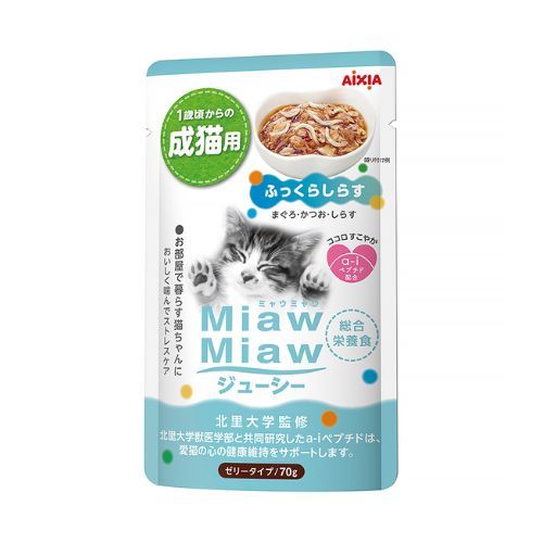 12-Pack Aixia Miaw Miaw Juicy Pouch Wet Cat Food - Tuna Flavor Soft Jelly with Meat & Fish Mix (70g Each) | Perfect for Adult Cats & Kittens, Mealtime or Snack
