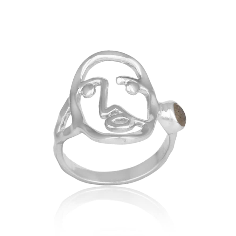 Minimalist Picasso Face Sterling Silver Ring with Labradorite Gemstone - Handmade Abstract Geometric Ring for Women, Boho Chic Jewelry Gift for Her, Perfect for Casual Wear, Parties & Special Occasions (Size 10)
