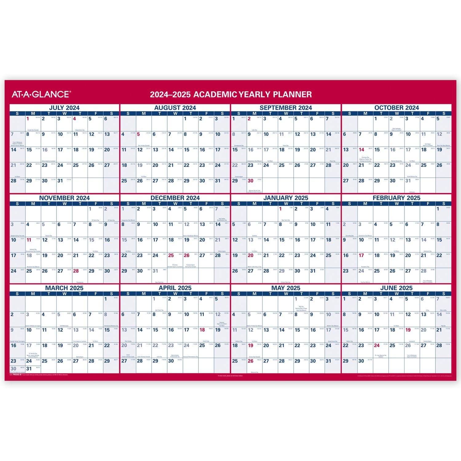 AT-A-GLANCE 2024-2025 Dry Erase Wall Calendar Planner - 48