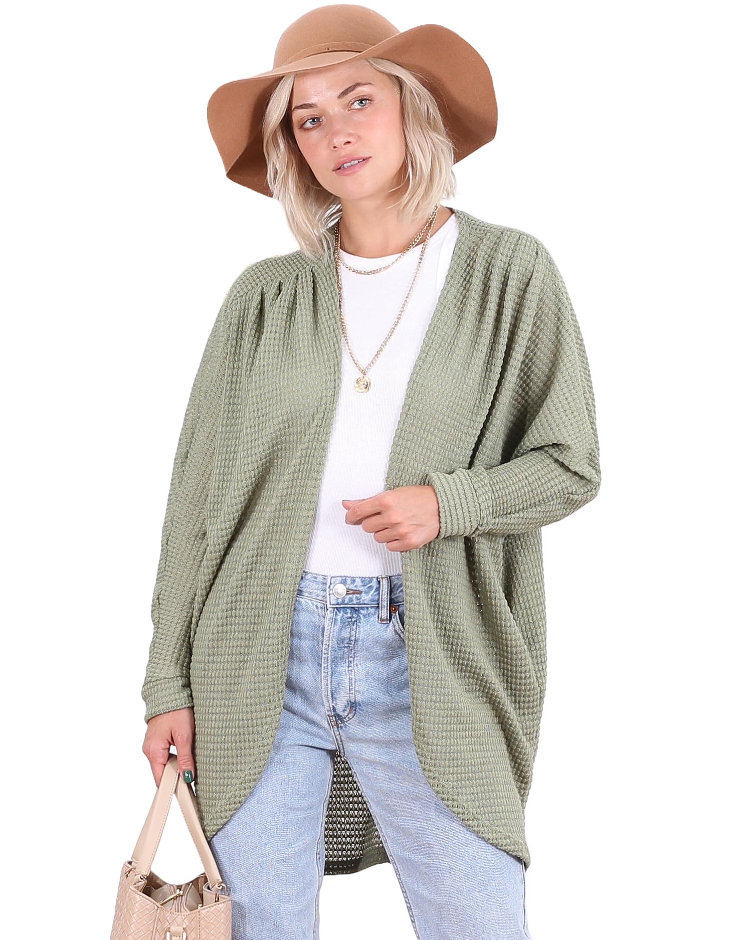 Popana Long Oversized Fall Batwing Waffle Knit Cardigan Sweater for Women with Pockets - Plus Size Cozy Loungewear for Autumn & Winter - Perfect for Casual Outfits, Work from Home & Coffee Dates