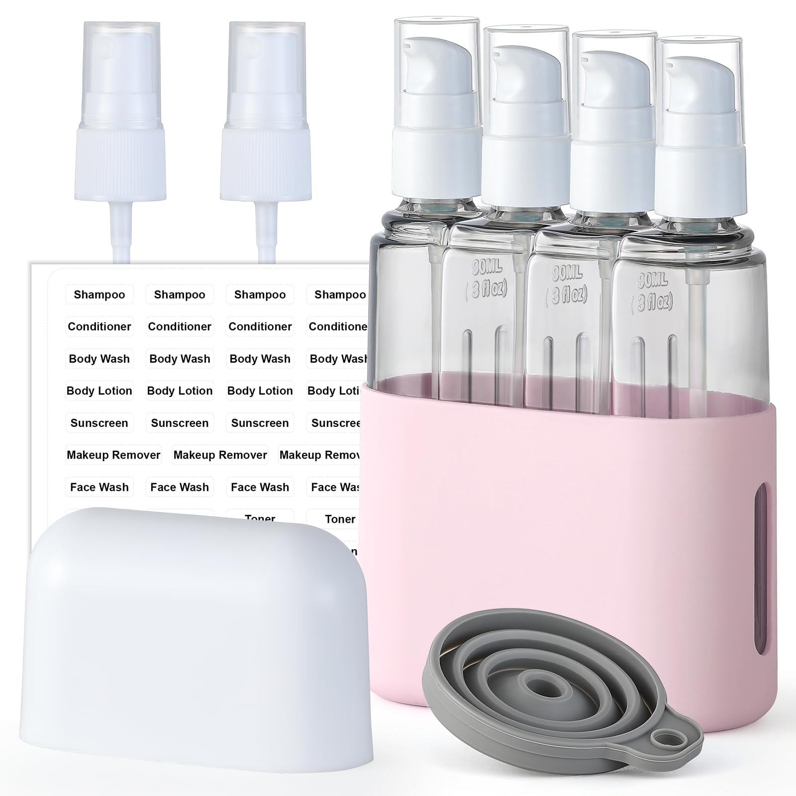 3oz TSA Approved Travel Bottles for Toiletries - 4 Pack Leak Proof Refillable Containers with Labels for Shampoo, Conditioner & Liquid Soap | Portable Cosmetic Dispenser Set for Vacation, Gym & Air Travel (Pink)