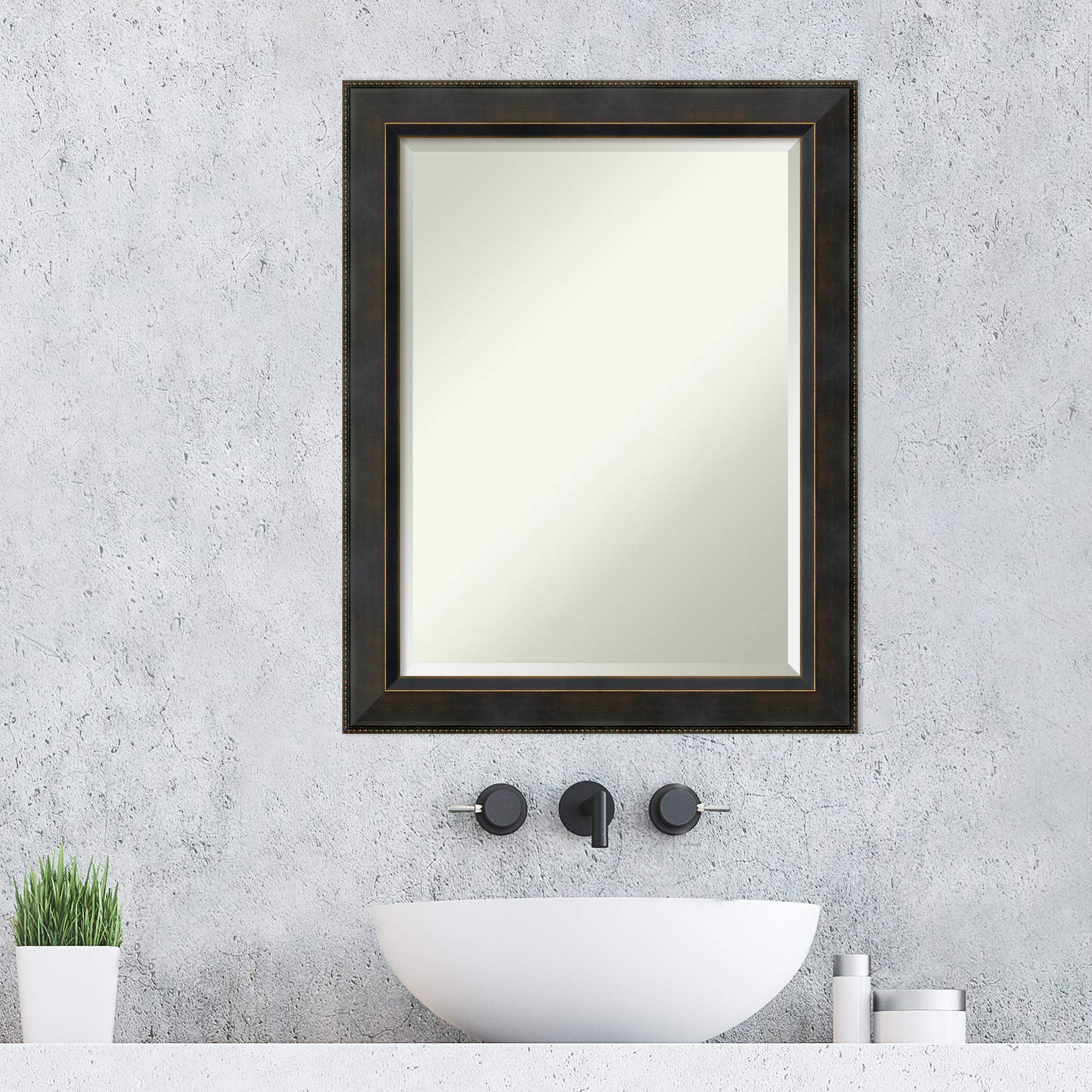 Amanti Art 28x22 Inch Bronze Bathroom Mirror for Over Sink - Traditional Wood Frame Vanity Mirror with Beveled Edge - Hangs Horizontally & Vertically - Perfect Bathroom Wall Decor for Home & Hotel Use