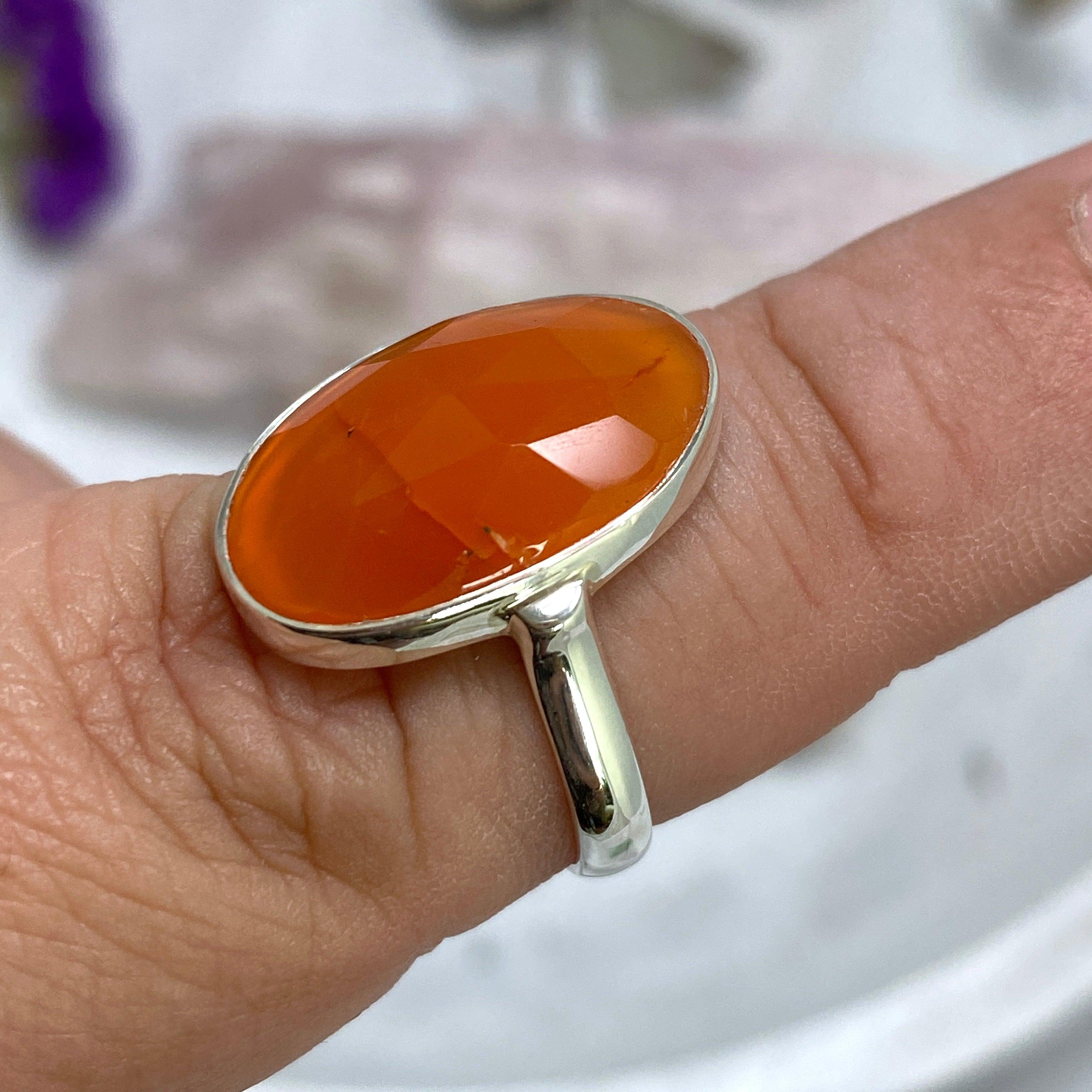 Natural Carnelian Oval Faceted Ring - Size 9 - KRGJ2552 - Elegant Jewelry for Women, Gift for Her, Boho Chic Accessory for Everyday Wear & Special Occasions