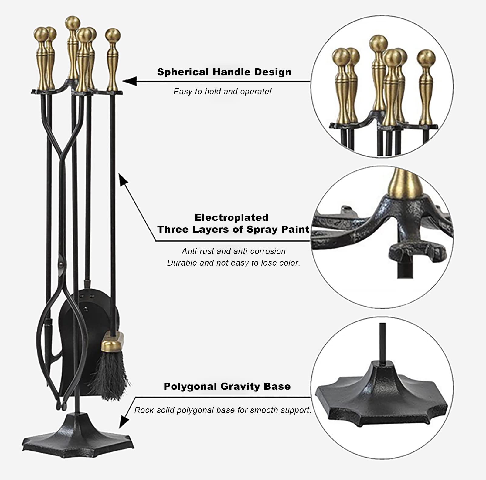 AVIISO 5-Piece Black Rustic Fireplace Tool Set - Cast Iron Fireplace Accessories with Stand, Poker, Shovel, Brush & Tongs for Wood Stove, Fire Pit & Chimney - Perfect for Indoor/Outdoor Fireplace Maintenance & Decoration