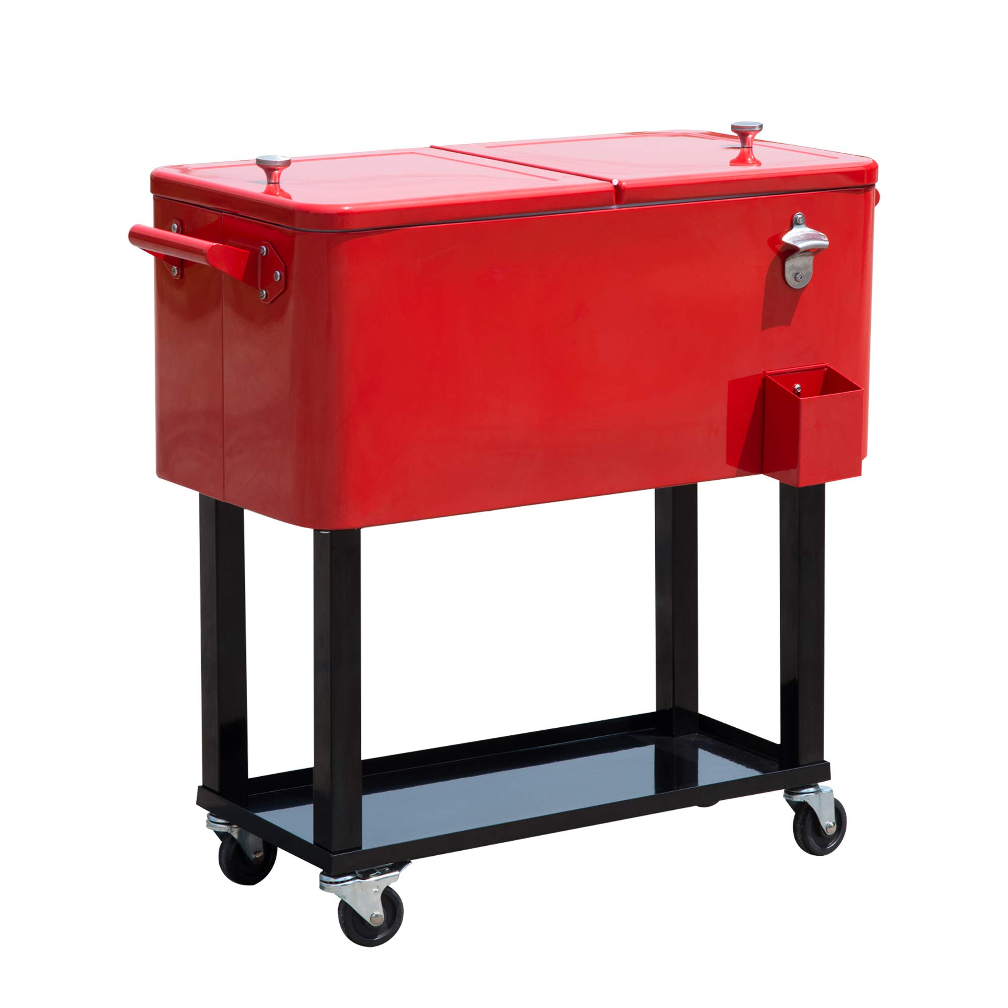 Outsunny 80 QT Rolling Cooler with Wheels - Portable Ice Chest for Outdoor Parties, Camping, Beach & Tailgating - Stand-Up Drink Cooler Cart (Red)