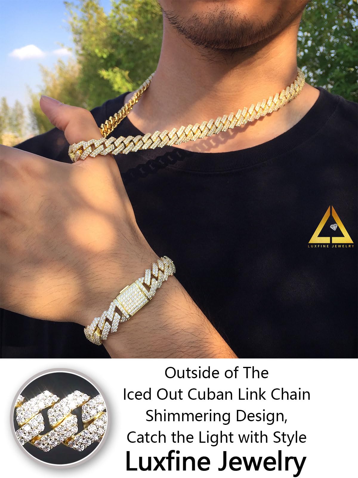12mm Iced Out Cuban Link Chain 14K Real Gold Plated Hypoallergenic Hip Hop Jewelry for Men & Women - 5A+ Cubic Zirconia Prong-Setting Necklace, Choker, Birthday & Father's Day Gift - Perfect for Parties, Weddings, and Everyday Luxury Wear