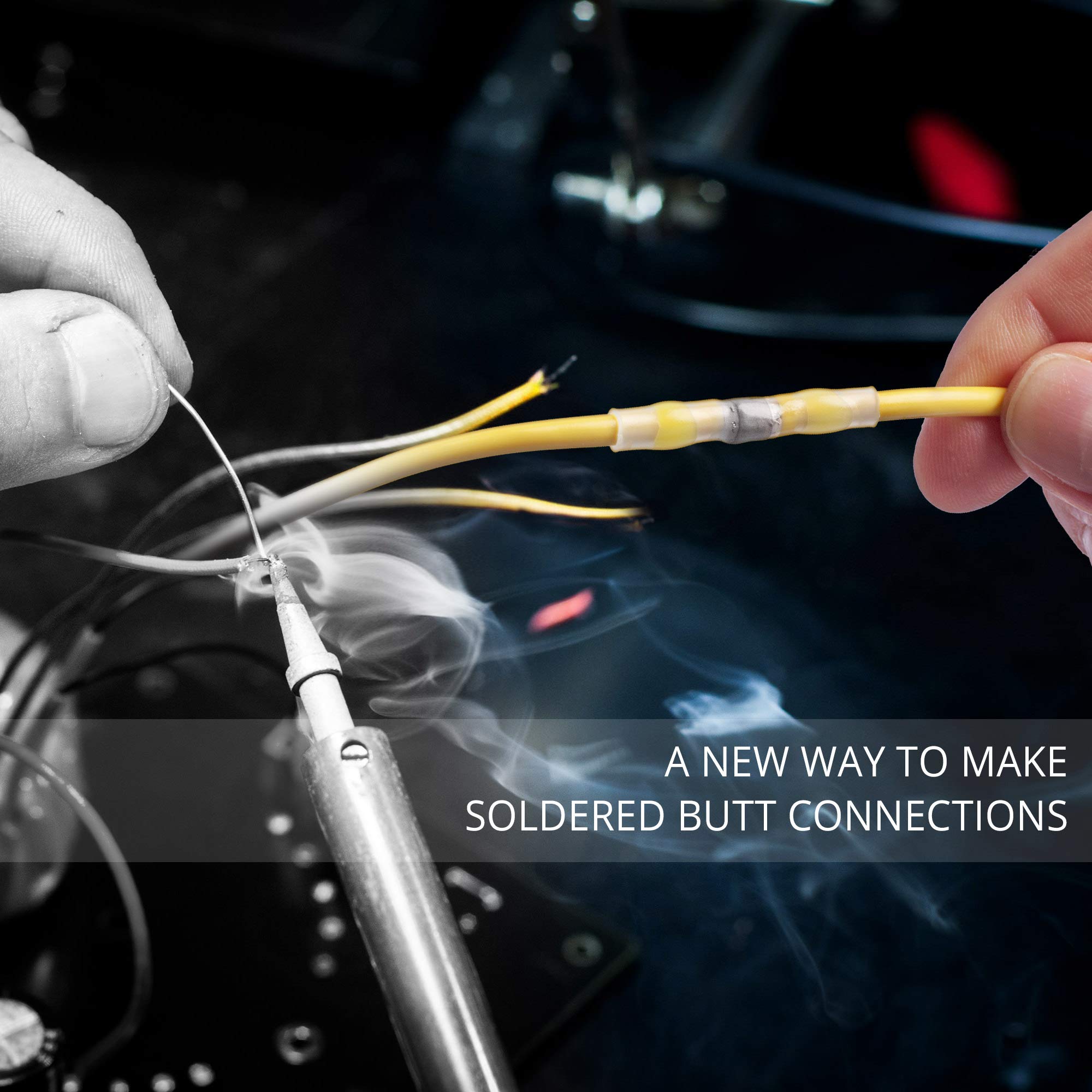 Wirefy 100 PCS Heat Shrink Solder Seal Wire Connectors - Waterproof Self-Soldering Butt Connectors for 12-10 AWG Wires (Yellow) - Ideal for Automotive, Marine & Electrical Repairs