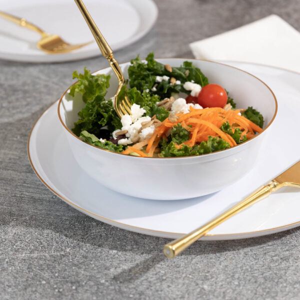 Premium 16 oz White & Gold Round Plastic Soup Bowls - Set of 10, Durable & Elegant for Restaurants, Catering, Parties & Home Dining