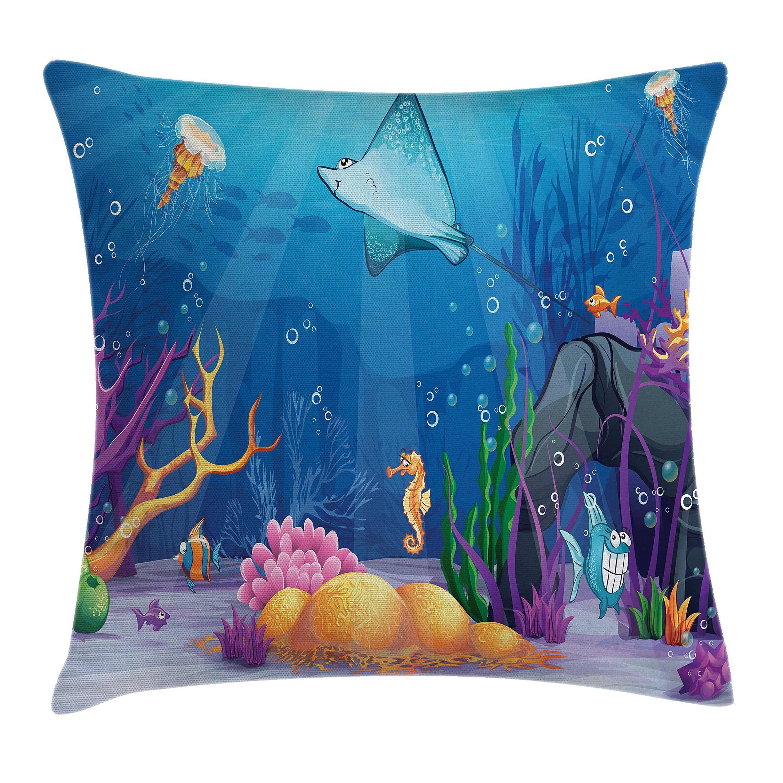 Ambesonne Ocean Themed Decorative Throw Pillow Cover 36x36 Inches - Sealife Navy Fish, Moss, Shells, Bubbles, Stones & Sunbeams Cartoon Print - Square Accent Cushion Case for Living Room, Bedroom, Sofa Decor