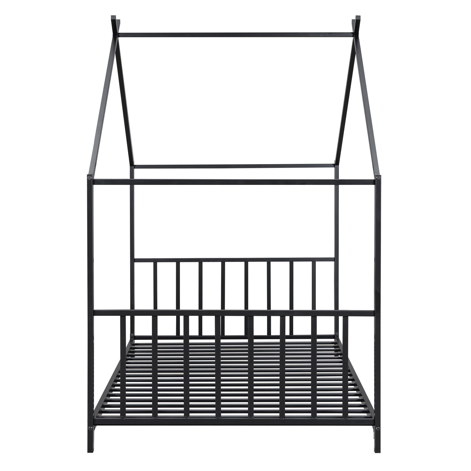 Montessori Twin Size Floor Bed for Kids - Sturdy Metal Frame with High Headboard & Roof Design - Perfect for Boys & Girls Bedrooms (Black) - Ideal for Montessori Learning & Cozy Sleep Spaces