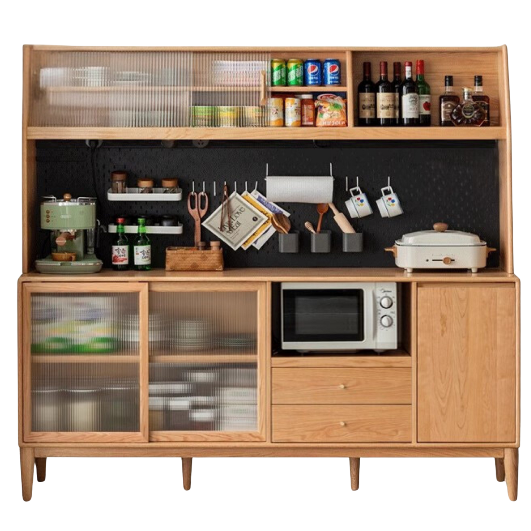 82.7x17.3x75.2 inch / 210x44.8x191.5 cm / Natural wood color / sideboard + shelf