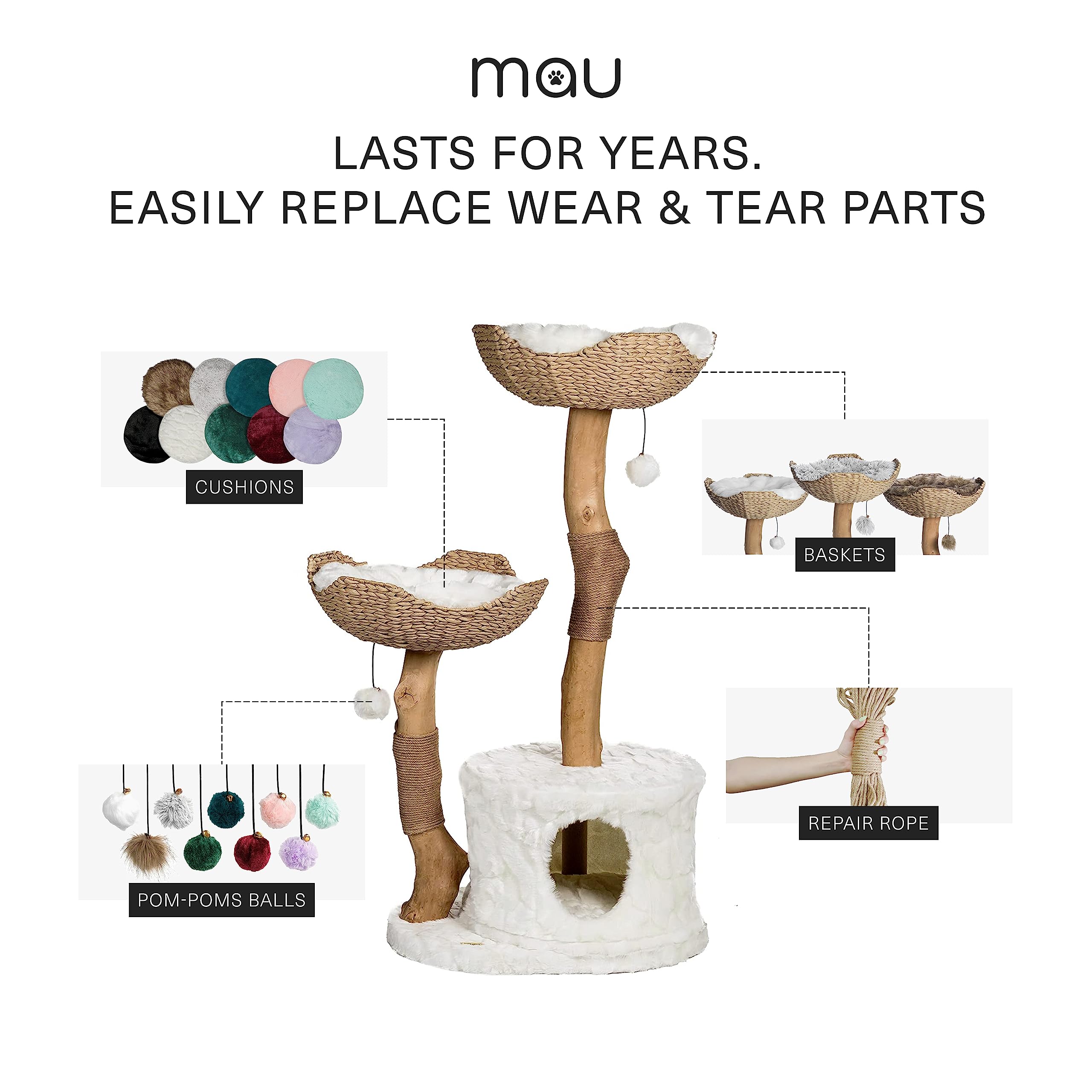Premium MAU Modern Cat Tree Tower for Large Cats - Natural Wood Cat Condo with Real Branches, Multi-Level Scratching Post & Playhouse - Perfect Gift for Cat Lovers - Ideal for Indoor Cats in Apartments & Homes