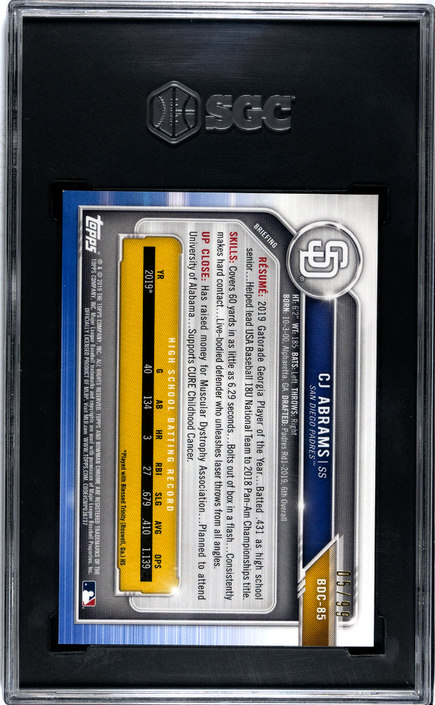 2019 Bowman Chrome Draft CJ Abrams Blue Sapphire /99 #BDC 85 SGC 9.5 Mint Baseball Card - Rare Collectible for Sports Memorabilia & Investment