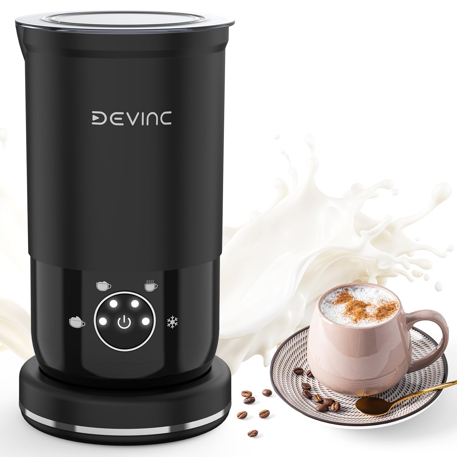 DEVINC 4-in-1 Electric Milk Frother and Steamer - Hot & Cold Foam Maker with Auto Shut-Off - Perfect for Coffee, Latte, Cappuccino, Matcha - Ideal for Home, Office, and Coffee Shop Use