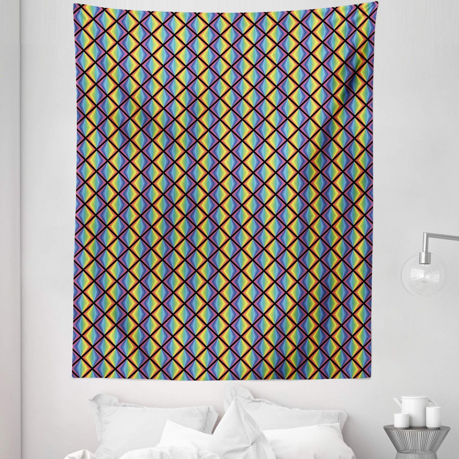 Ambesonne Rainbow Tapestry Twin Size - Abstract Colorful Triangles Geometric Art Wall Hanging | 68