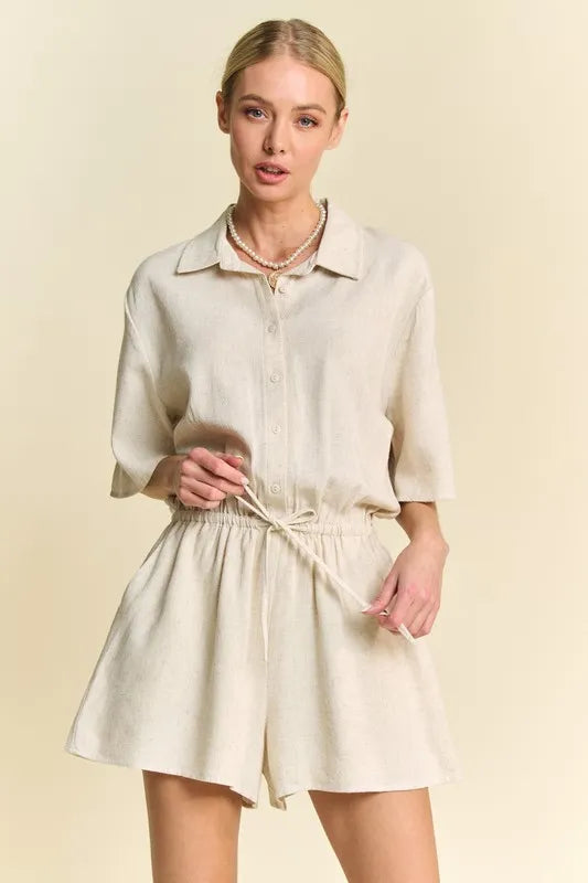 Stylish Women's Drawstring Waist Button Down Shirt Romper Jumpsuit - Casual Summer Outfit for Beach, Travel & Date Night