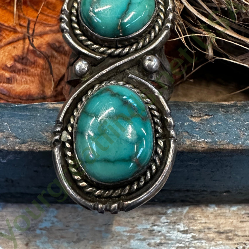 Vintage Navajo Double Turquoise Stone Long Ring - Sterling Silver Size 6 for Women - Handmade Native American Jewelry - Perfect for Boho Fashion, Gift Giving & Special Occasions