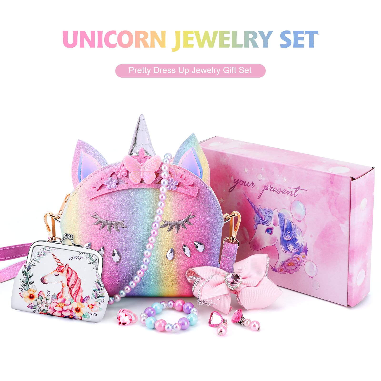 JYPS 7PCS Toddler Purse for Girls - Pretend Play Wallet with Princess Dress Up Jewelry Set (Rainbow Crown Unicorn) - Perfect for Birthday Gifts, Role Play & Imaginative Play