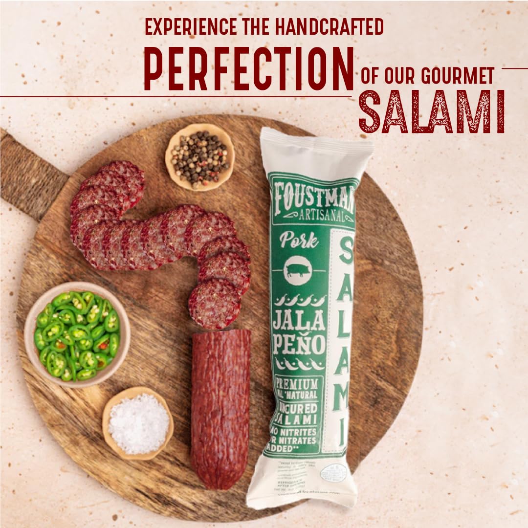 Foustman's Artisanal Jalapeno Pork Salami - Nitrate-Free, Naturally Cured, Gluten & Dairy Free Lunch Meat (8 Oz) - Perfect for Charcuterie Boards, Sandwiches & Keto Snacks