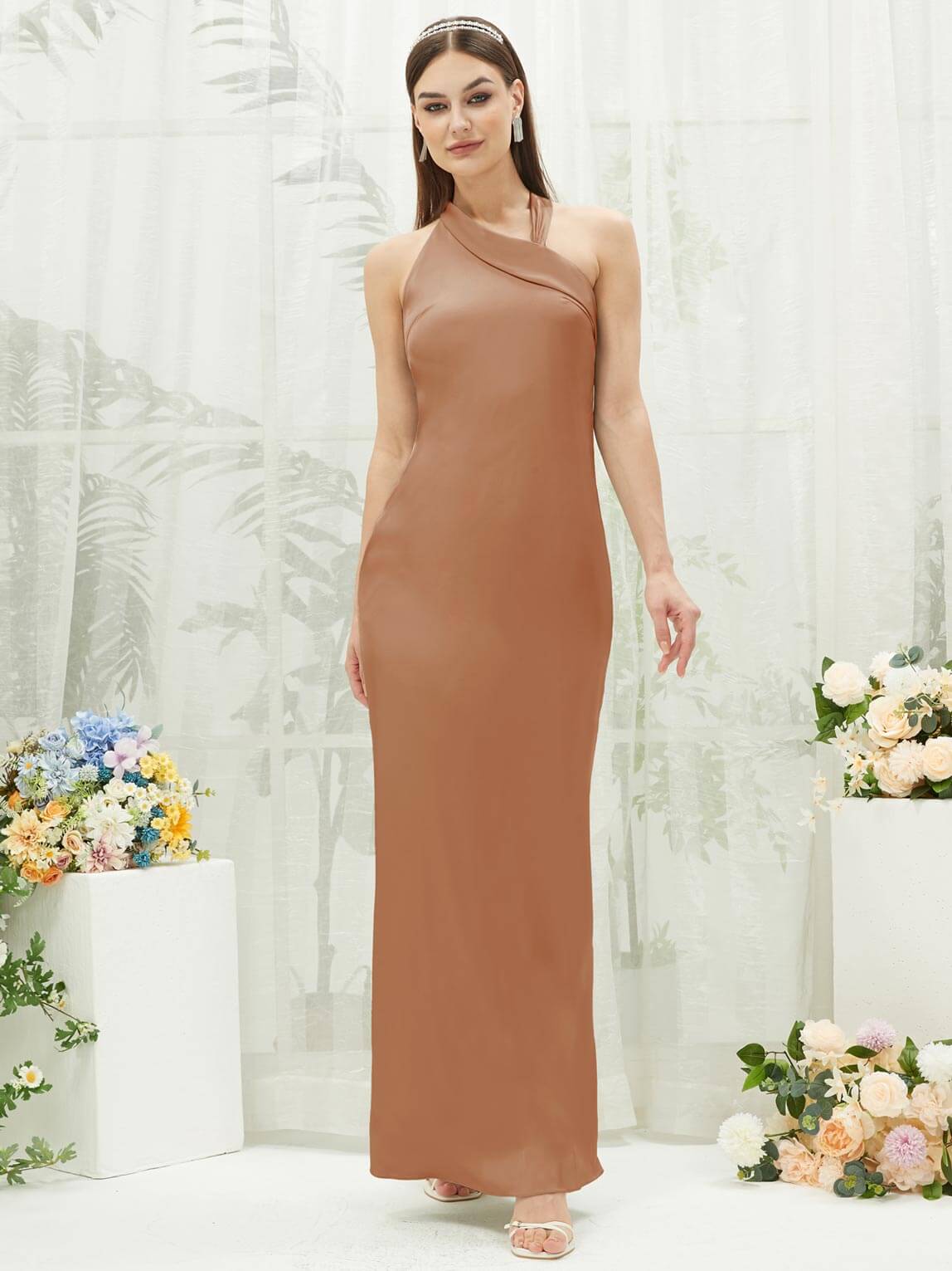 Elegant Silk Satin Halter Neck Sheath Bridesmaid Dress - Sleeveless Formal Gown for Weddings, Parties & Special Occasions
