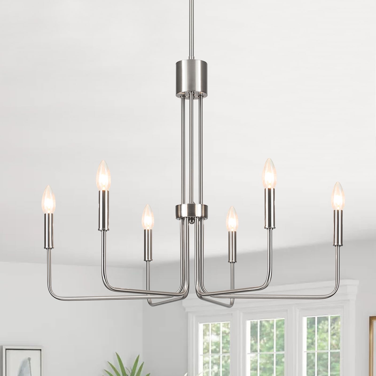 6-Light Brushed Nickel Chandelier - Modern Farmhouse Dining Room Lighting Fixture for Kitchen, Living Room & Entryway | Elegant Ceiling Light for Home Decor, Wedding & Restaurant