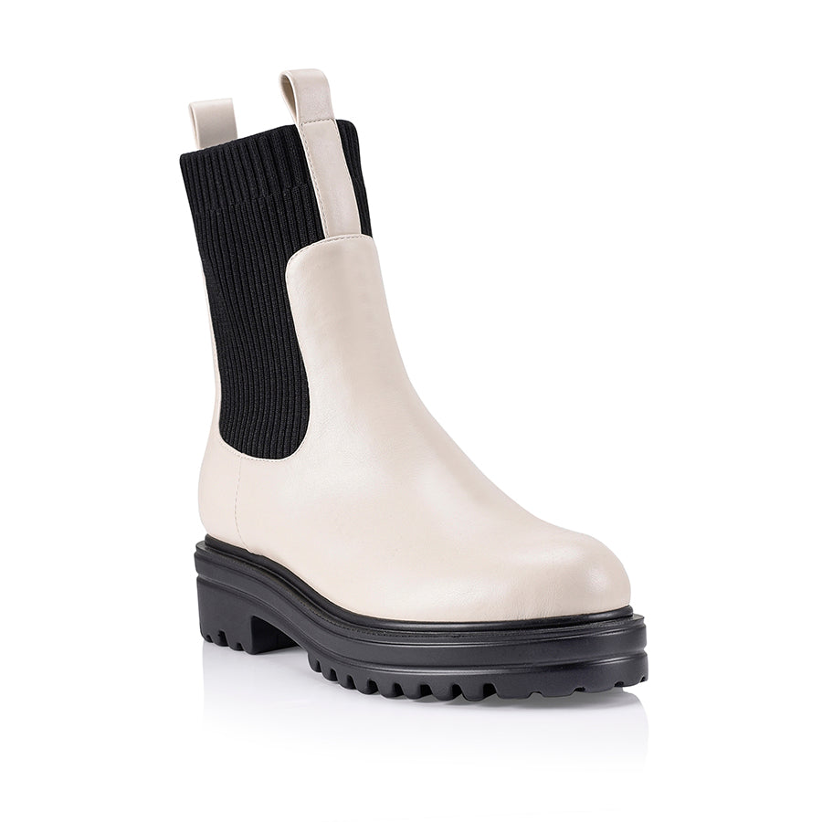Women's Moses Ankle Boots - Bone Smooth & Black Knit Comfortable Winter Booties for Casual Wear, Office & Date Night