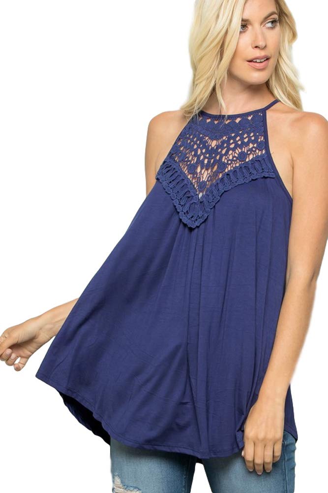 Crochet Lace Sleeveless Halter Neck Top with Keyhole Back - Boho Chic Summer Beachwear & Festival Outfit