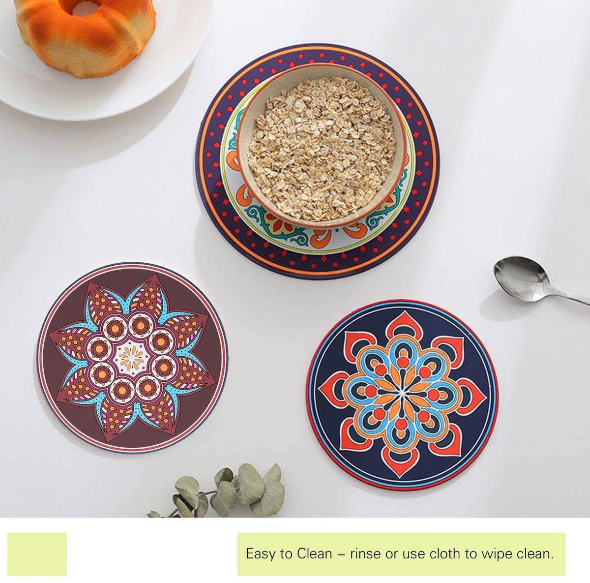Heat Resistant Silicone Hot Pot Pads - 6.9 Inch Round Kitchen Trivets for Dining Table, Cooking & Serving - Set of 2 (Blue & Pink) - Perfect for Hot Dishes, Pots, Pans & Protecting Countertops