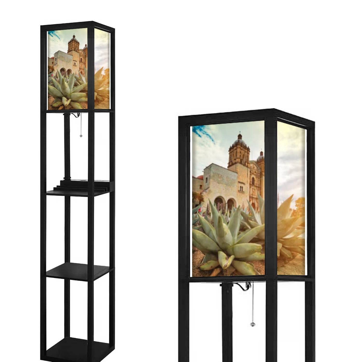 Modern Floor Lamp with Shelves & USB Ports - Santo Domingo Cathedral Inspired Design, Linen Shade, Tall Corner Standing Lamp for Living Room & Bedroom | Perfect for Reading, Decor, and Charging Devices