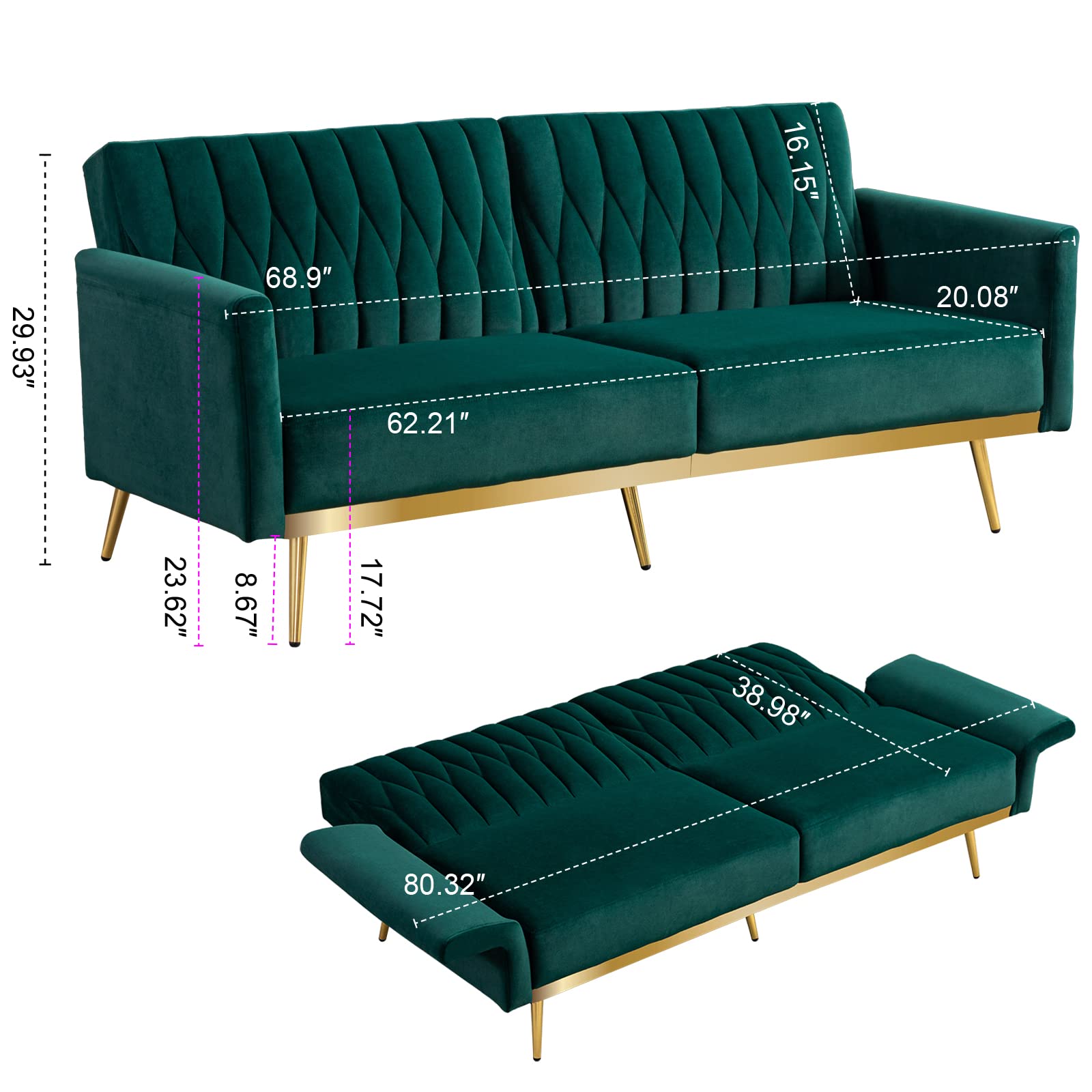 Convertible Futon Sofa Bed with Golden Legs - 70