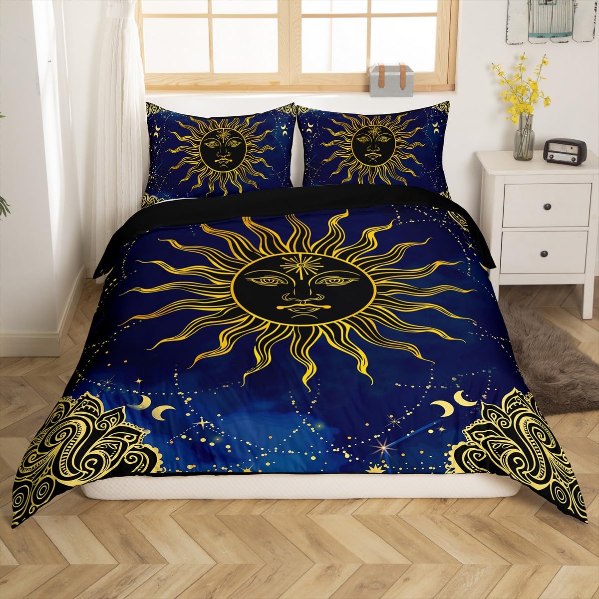 Bohemian Bedding Set - Boho Chic Sun Moon Comforter Cover Twin Size, Tribal Starry Sky Duvet Cover for Kids Teens & Adults, Galaxy Paisley Spiral Quilt Cover - Perfect for Bedroom Decor, Guest Room & Boho Style Living Room - Gold & Blue Design