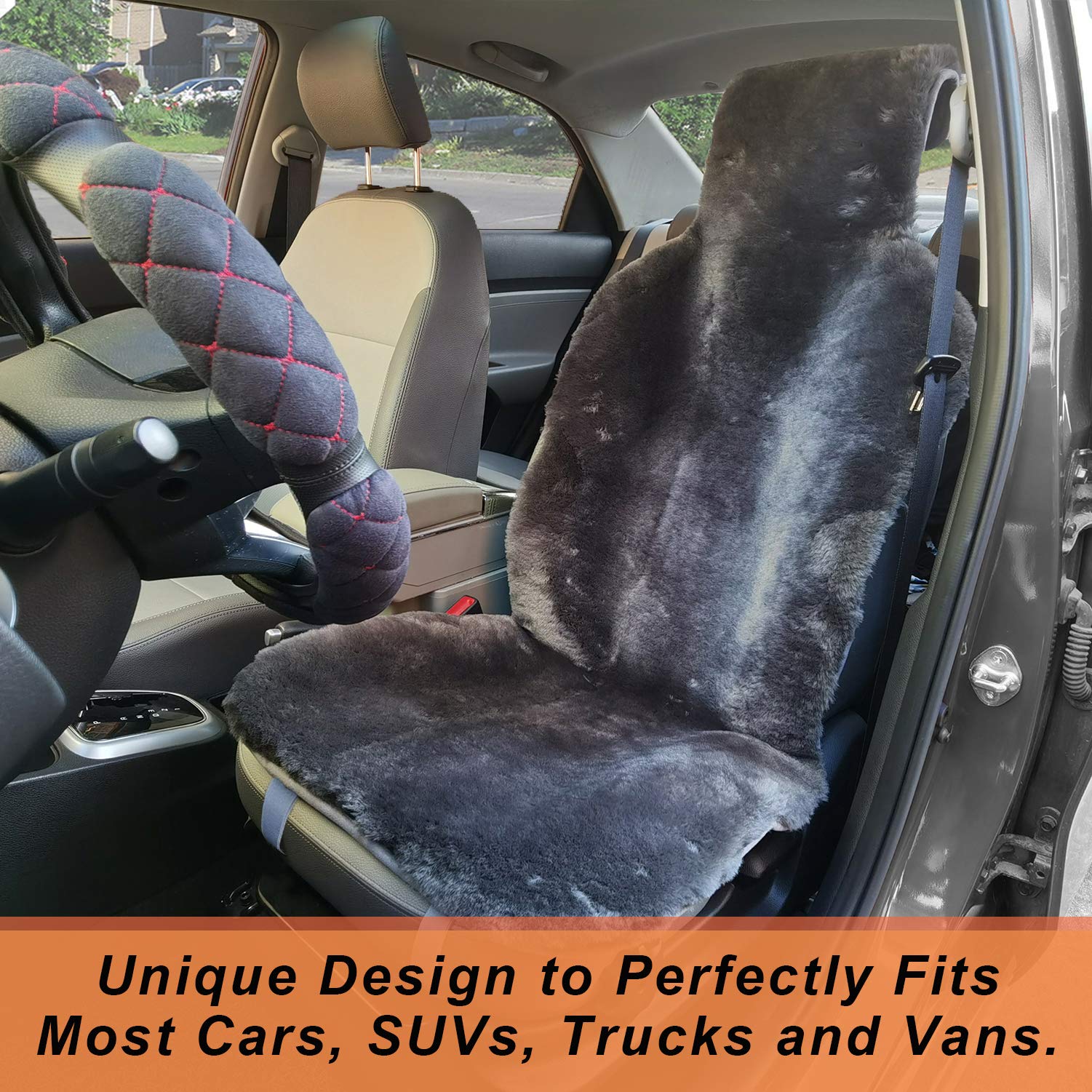 Genuine Australian Sheepskin Car Seat Cover - Natural Pure Wool, Universal Fit for Most Cars, SUVs, Trucks & Minivans - Easy Installation, 1 Pack (Charcoal) - Perfect for Long Drives, Winter Warmth & Luxury Comfort