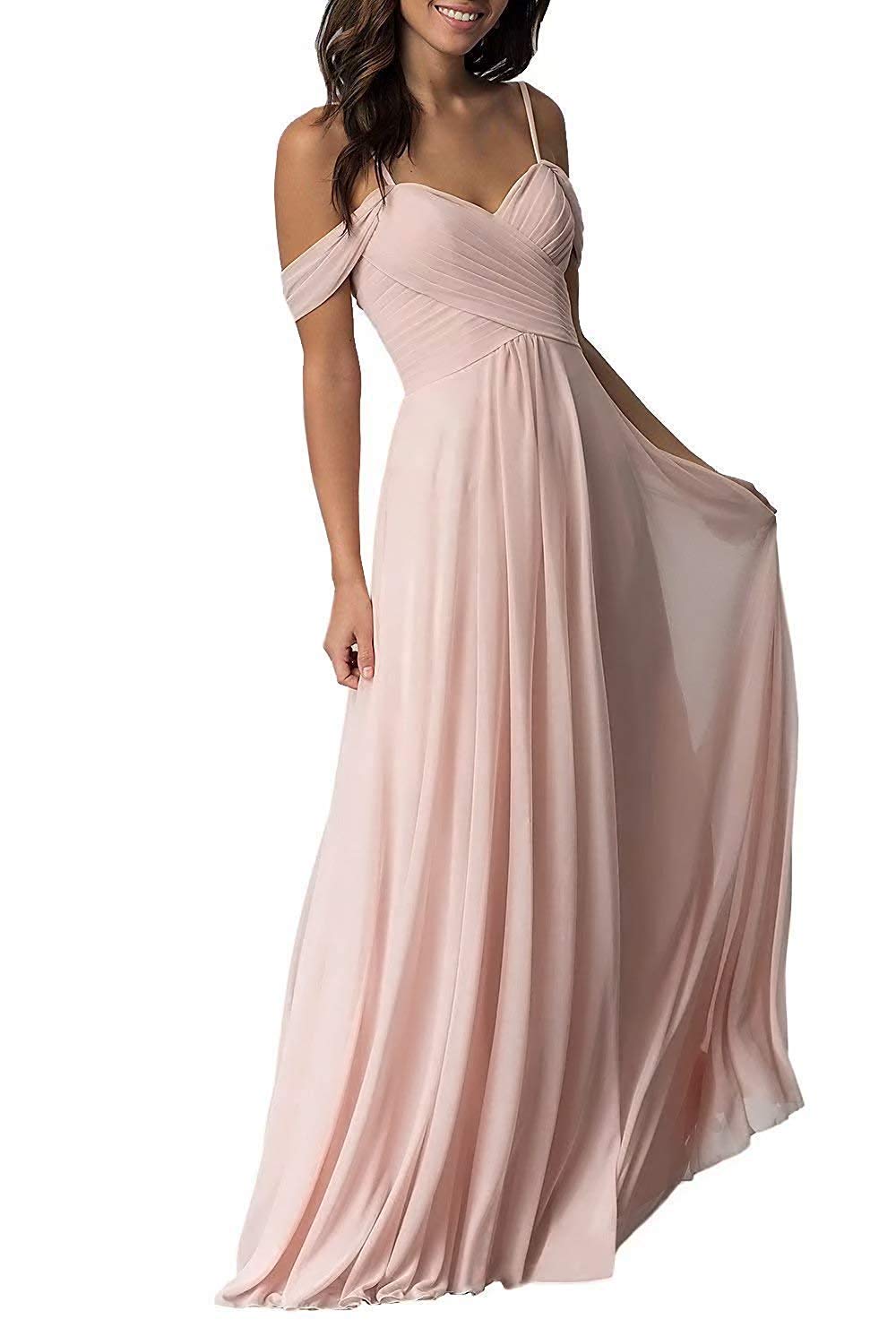 Elegant A-Line Pleated Cold-Shoulder Chiffon Long Bridesmaid Dress for Women - Blush Pink Size 20W | Perfect for Weddings, Formal Events & Special Occasions