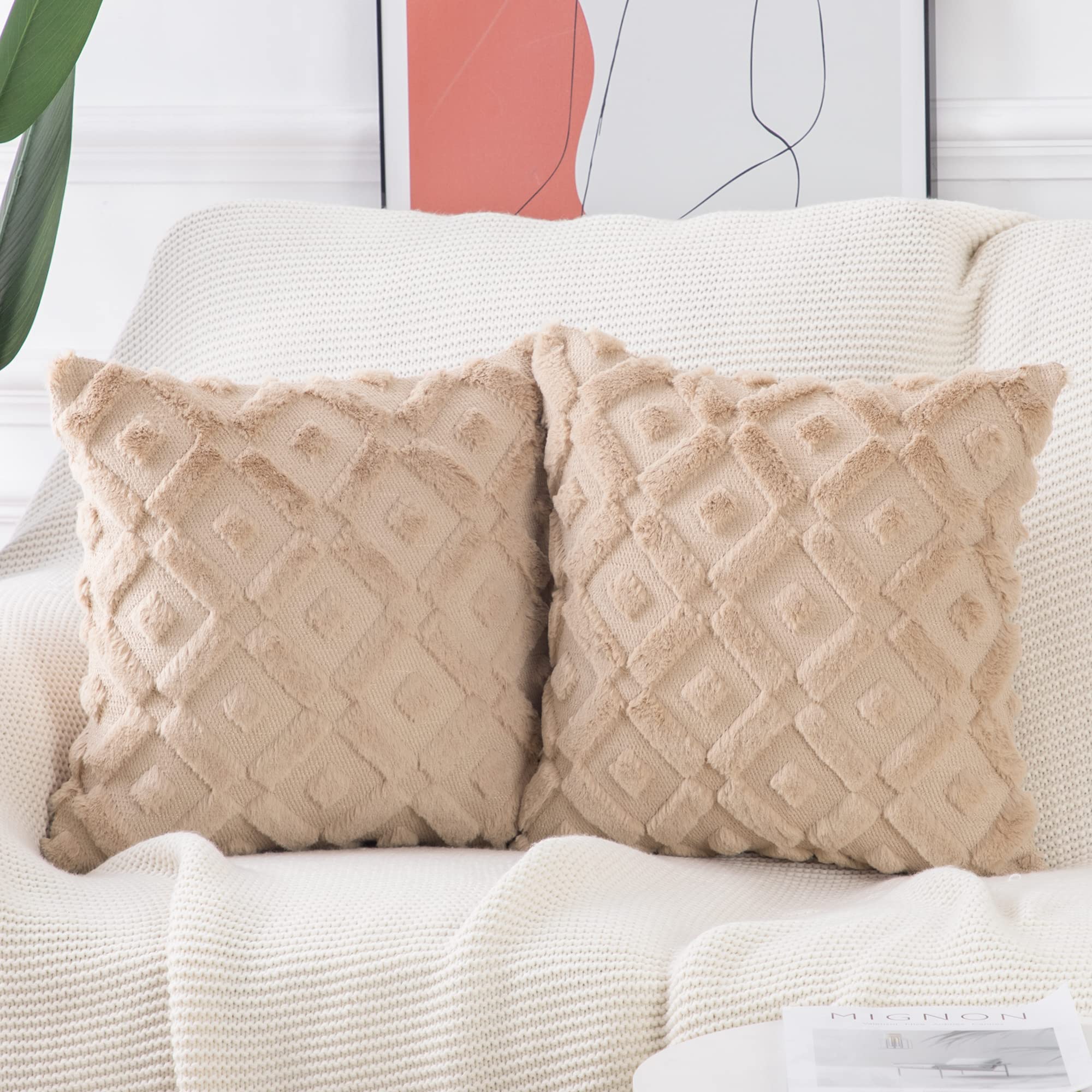 MADIZZ Set of 2 Khaki Plush Short Wool Throw Pillow Covers 12x12 Inch Square - Super Soft Cozy Decorative Velvet Cushion Covers for Sofa, Bed, Living Room - Perfect for Home Decor, Winter Comfort & Cozy Reading Nook