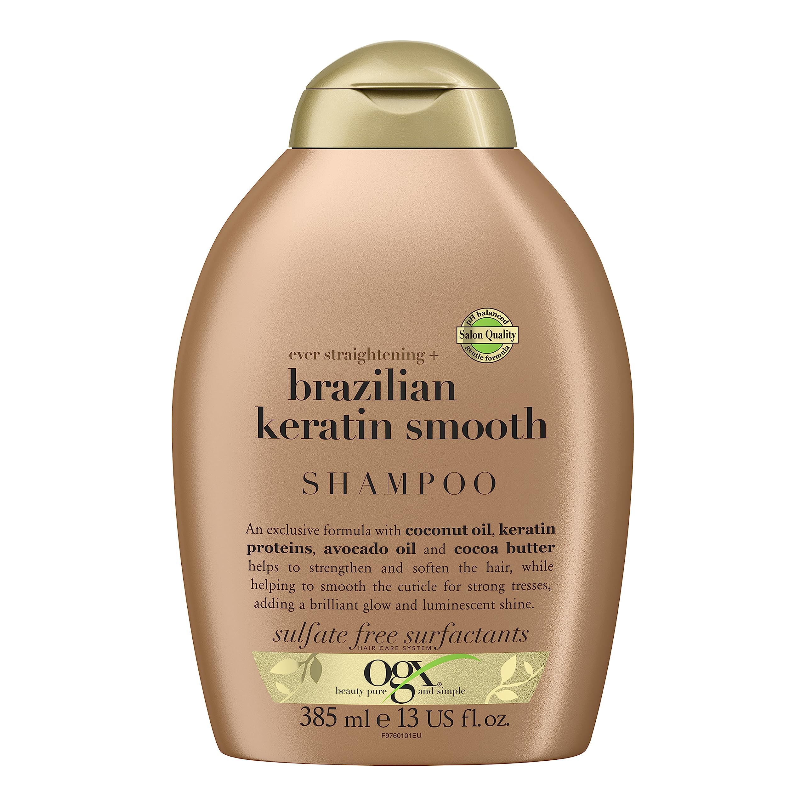 OGX Ever Straightening + Brazilian Keratin Therapy Shampoo for Lustrous, Shiny Hair - Paraben & Sulfate Free with Coconut Oil, Keratin Powder, Avocado Oil & Cocoa Butter - 13 Fl Oz - Perfect for Smoothing, Strengthening & Adding Shine to Straight or Curly Hair